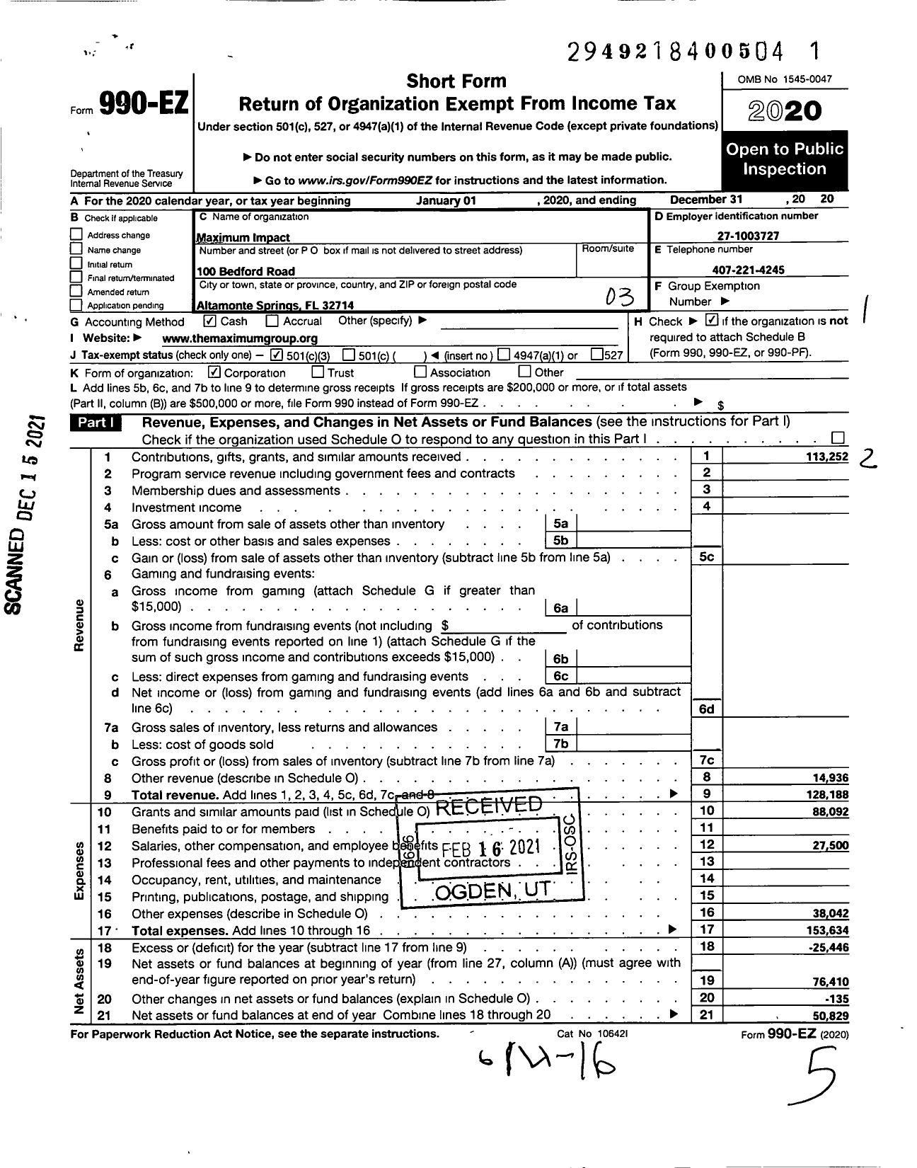 Image of first page of 2020 Form 990EZ for Maxiumum Impact