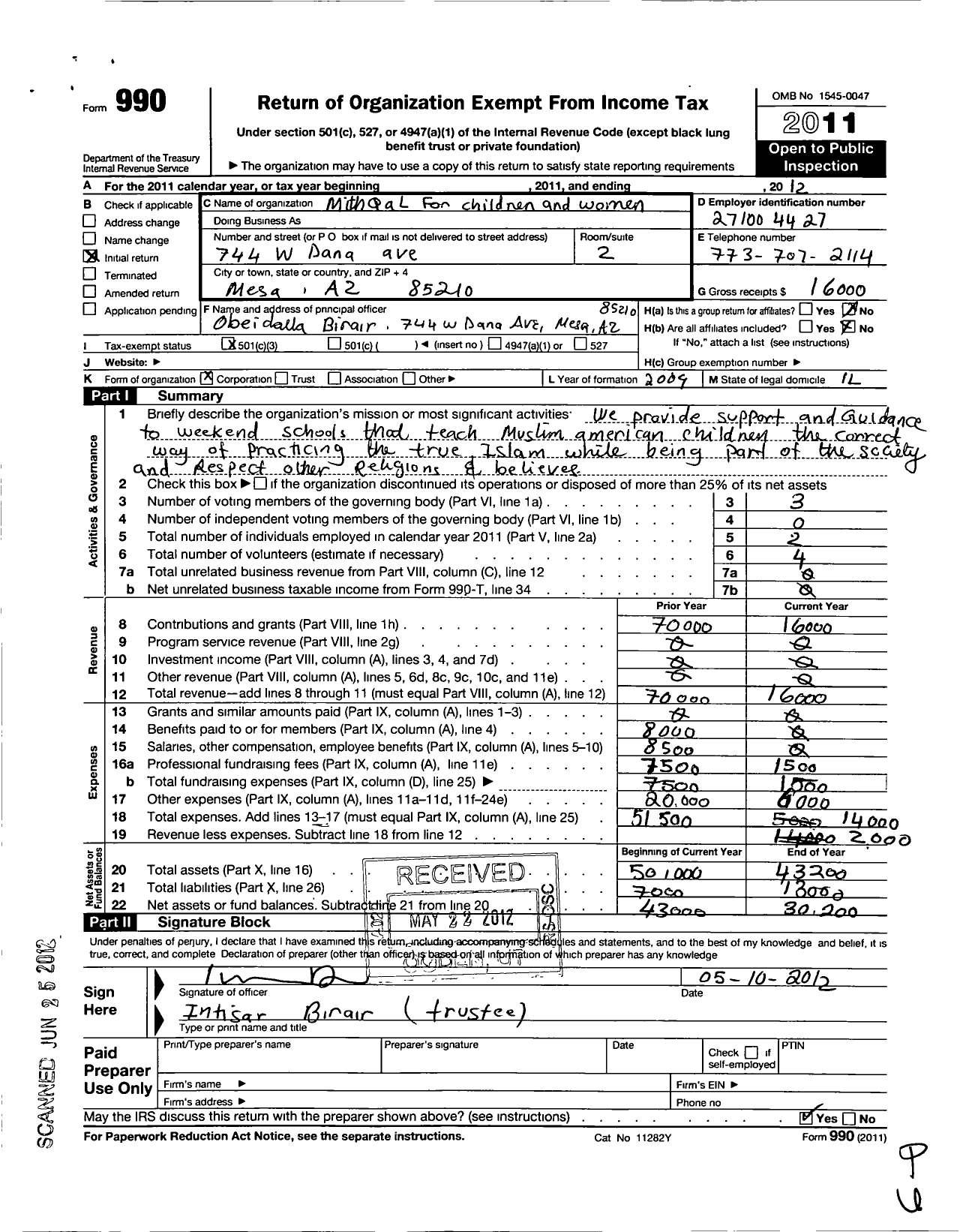 Image of first page of 2012 Form 990 for Mithqal for Children and Women Foundation