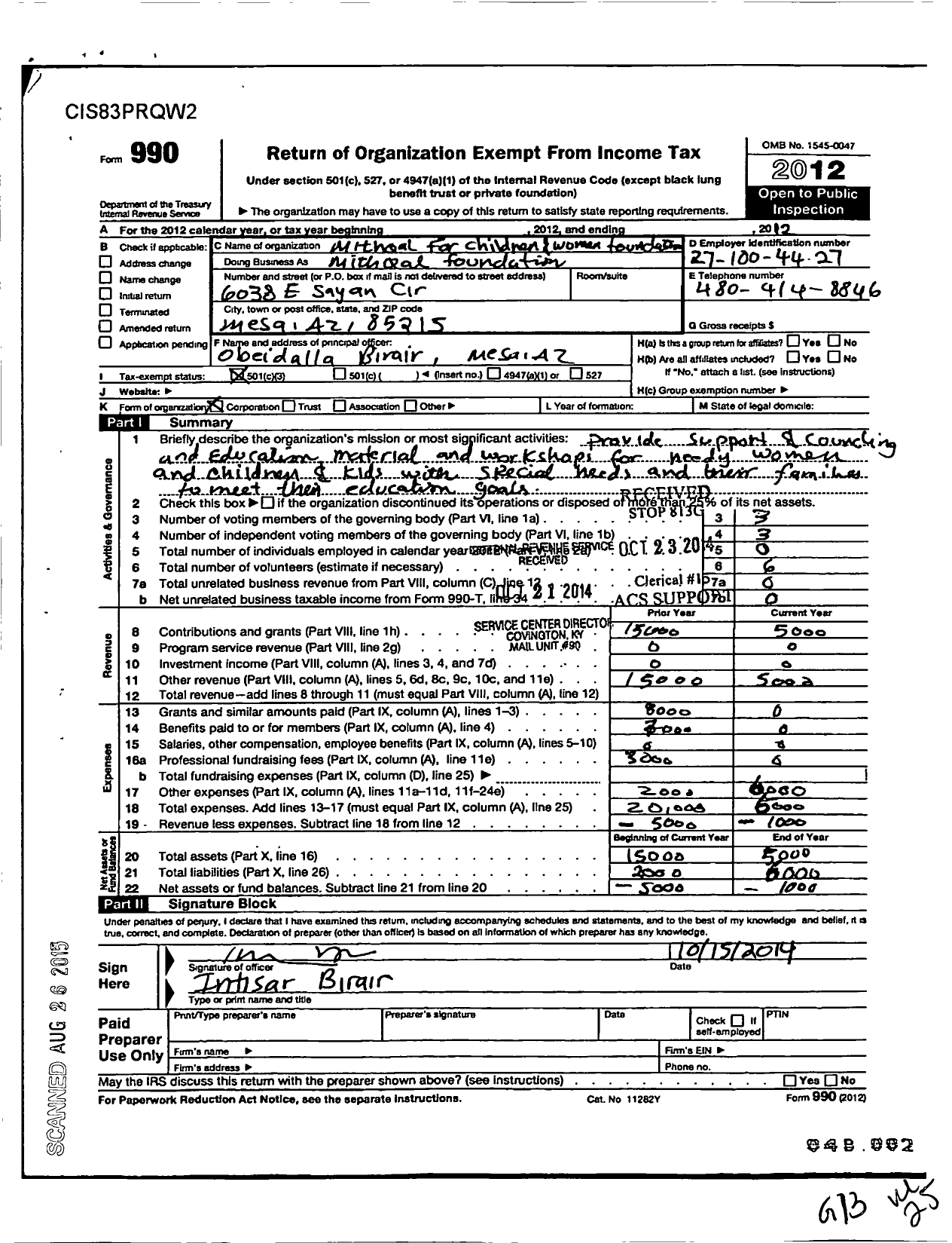 Image of first page of 2012 Form 990 for Mithqal for Children and Women Foundation