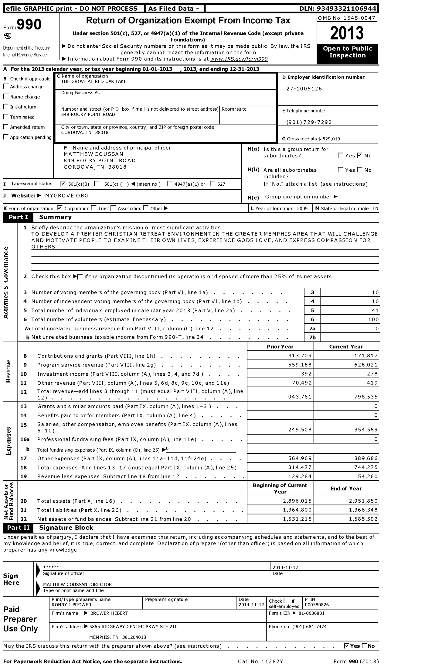 Image of first page of 2013 Form 990 for The Grove at Red Oak Lake