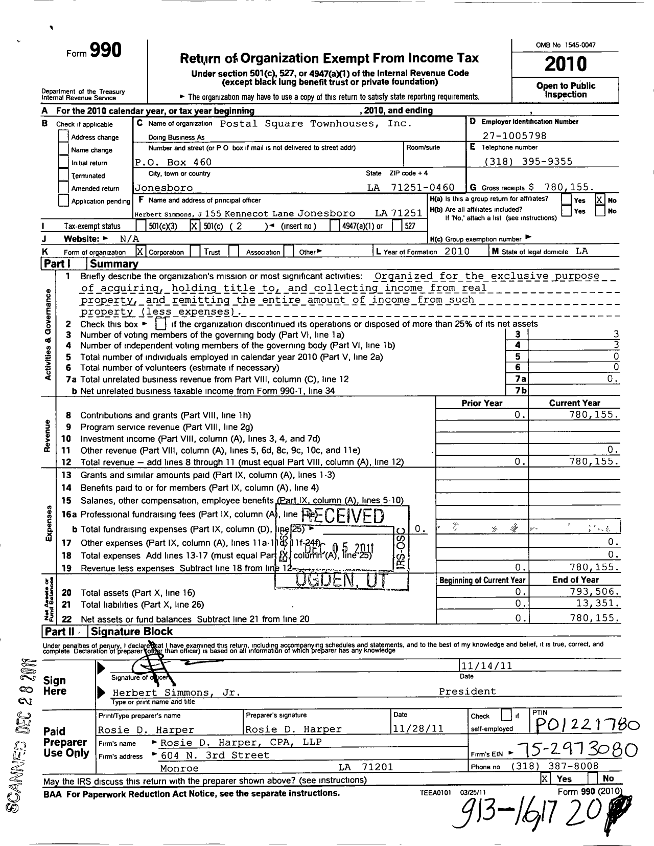 Image of first page of 2010 Form 990O for Postal Square LLC