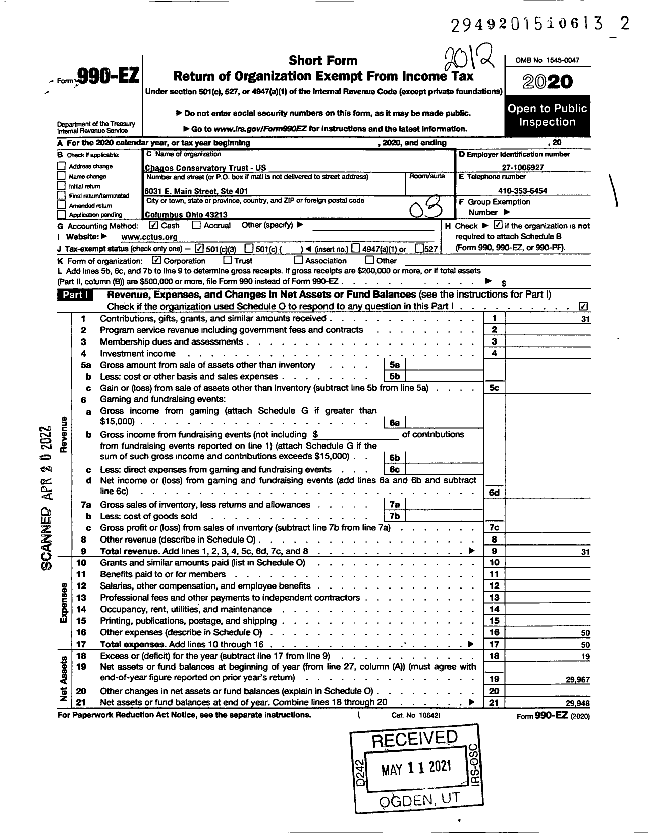 Image of first page of 2020 Form 990EZ for Chagos Conservatory Trust-Us