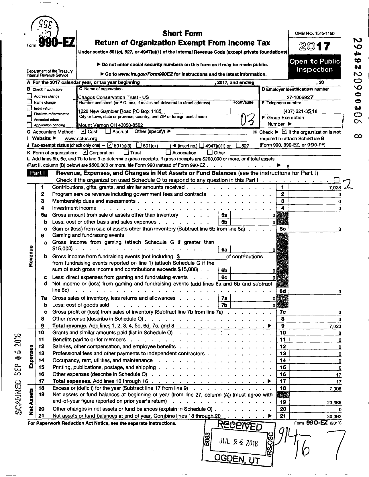 Image of first page of 2017 Form 990EZ for Chagos Conservatory Trust-Us