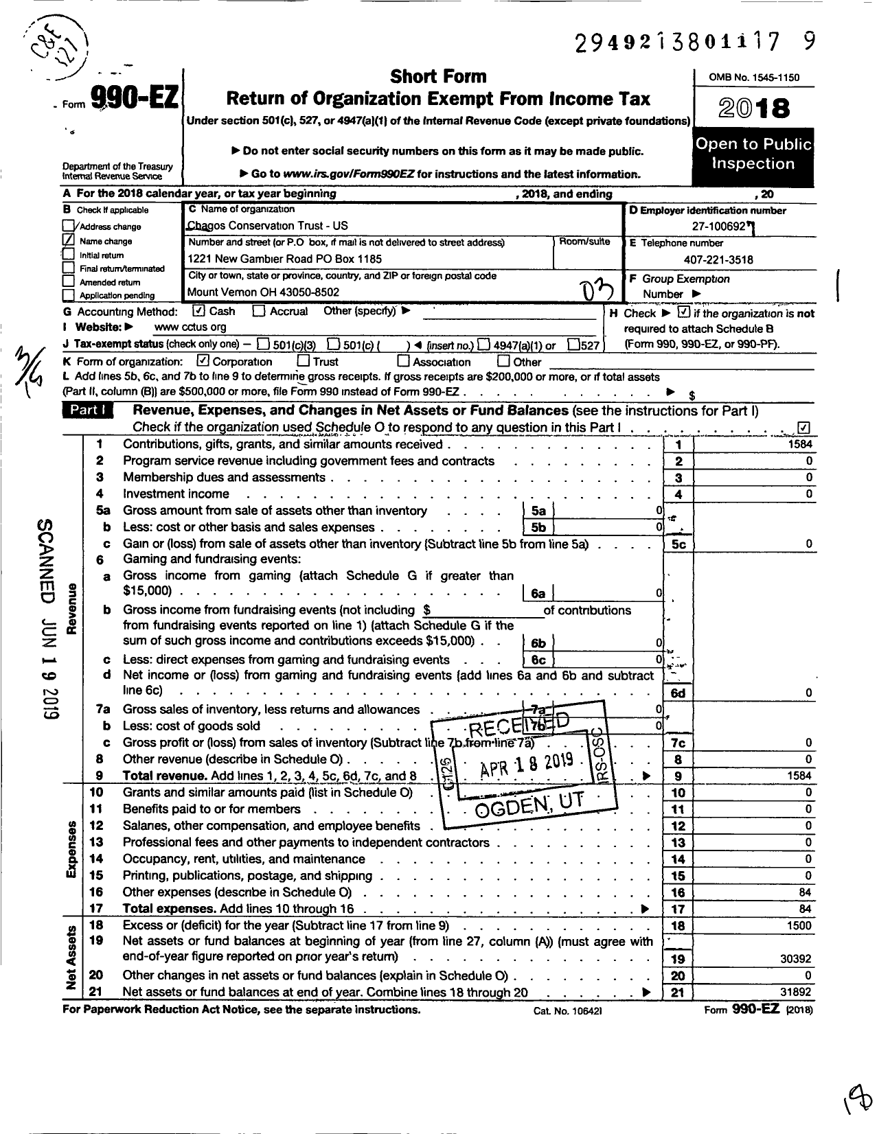 Image of first page of 2018 Form 990EZ for Chagos Conservatory Trust-Us