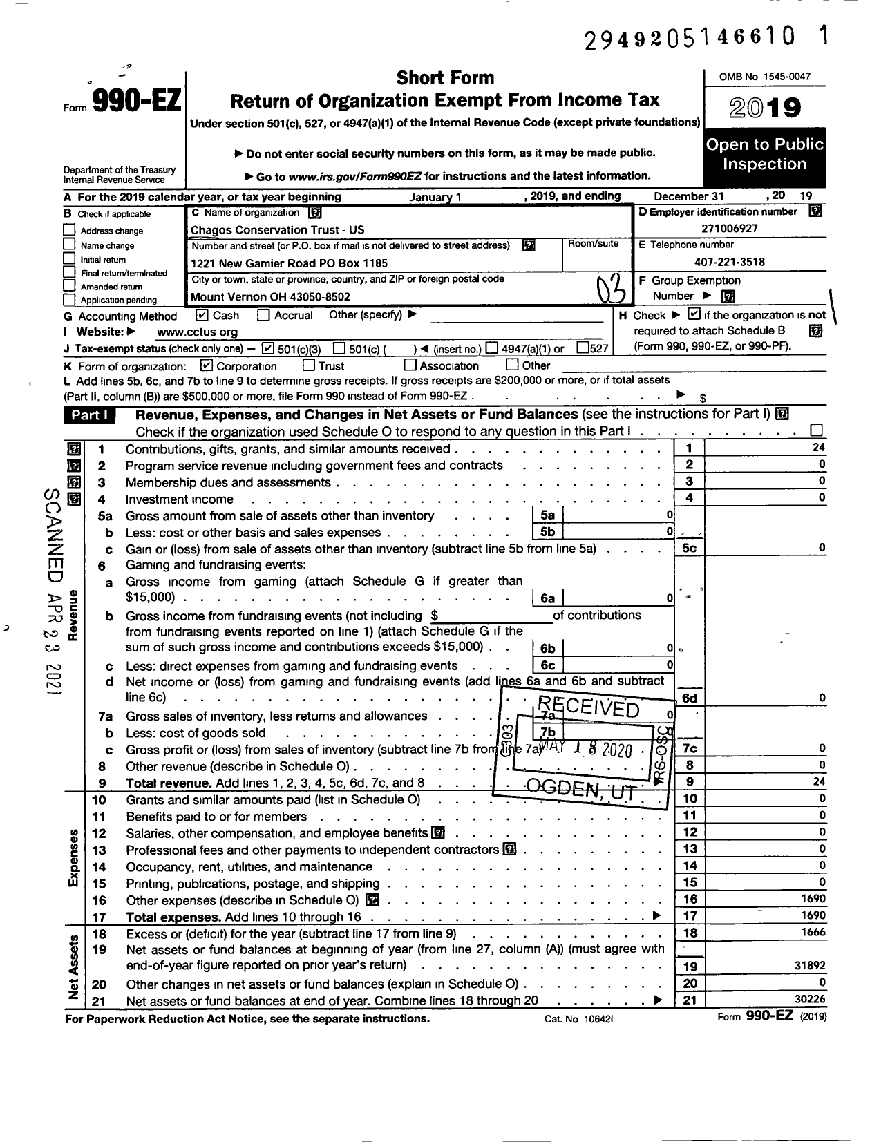 Image of first page of 2019 Form 990EZ for Chagos Conservatory Trust-Us