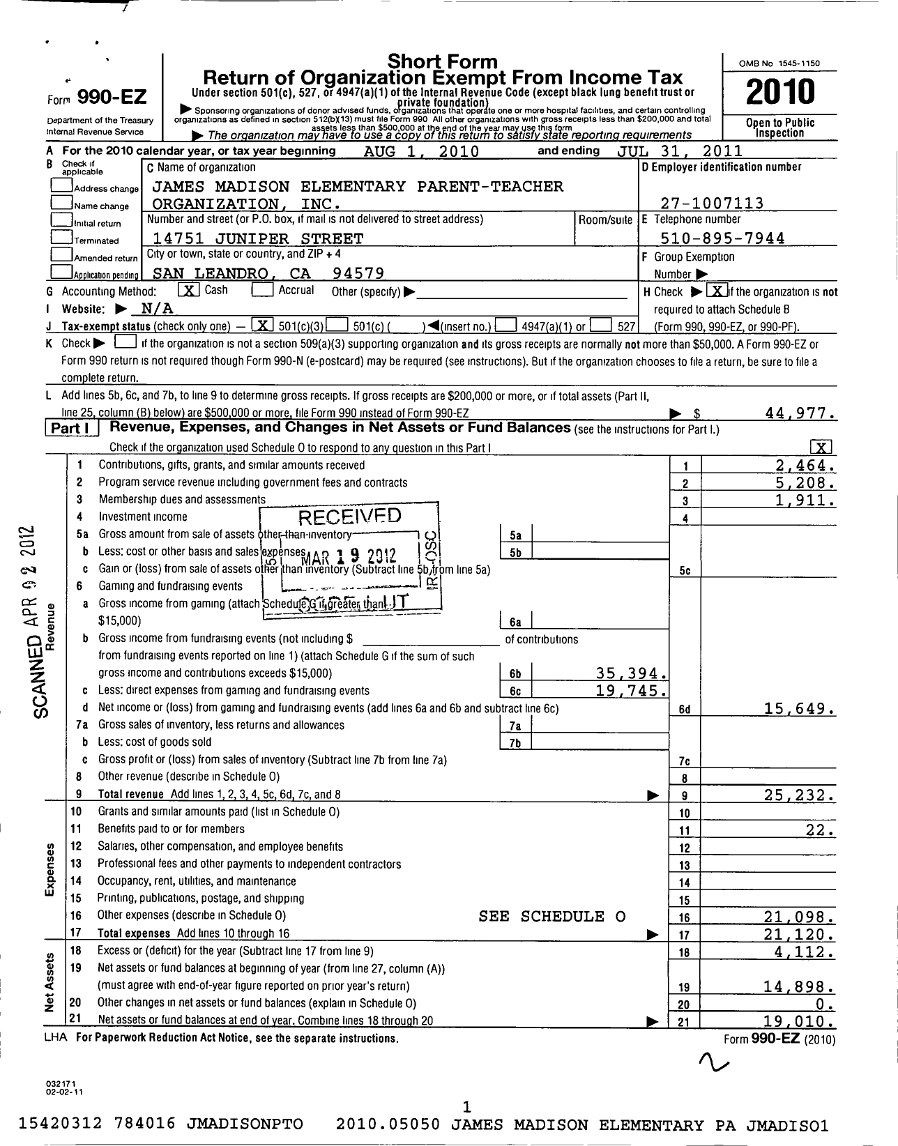 Image of first page of 2010 Form 990EZ for James Madison Elementary School Parent-Teacher Organization