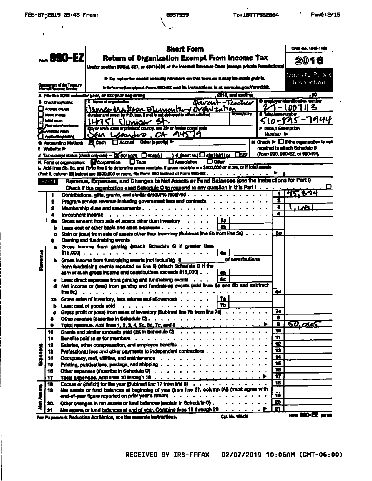 Image of first page of 2015 Form 990ER for James Madison Elementary School Parent-Teacher Organization