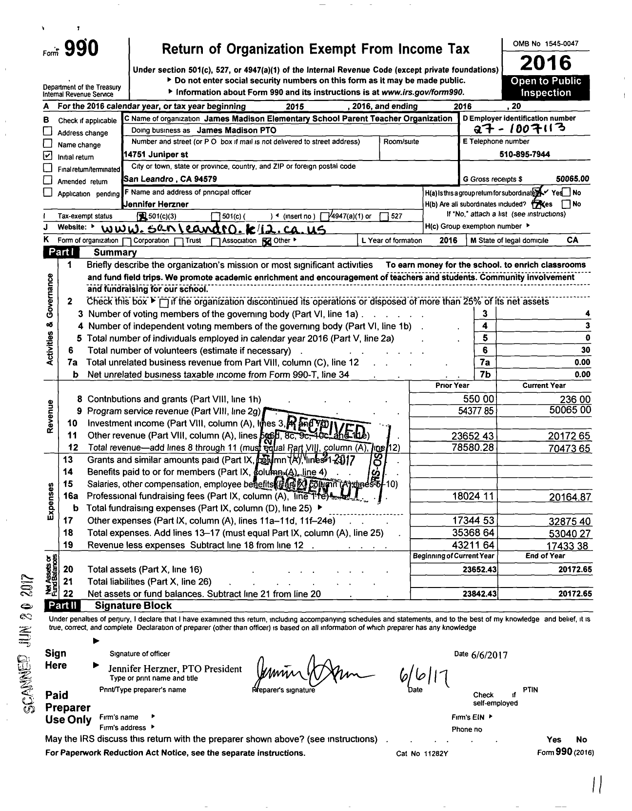 Image of first page of 2016 Form 990 for James Madison Elementary School Parent-Teacher Organization