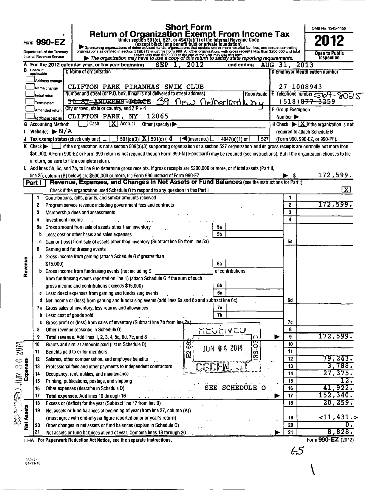 Image of first page of 2012 Form 990EO for Clifton Park Piranhas Swim Club