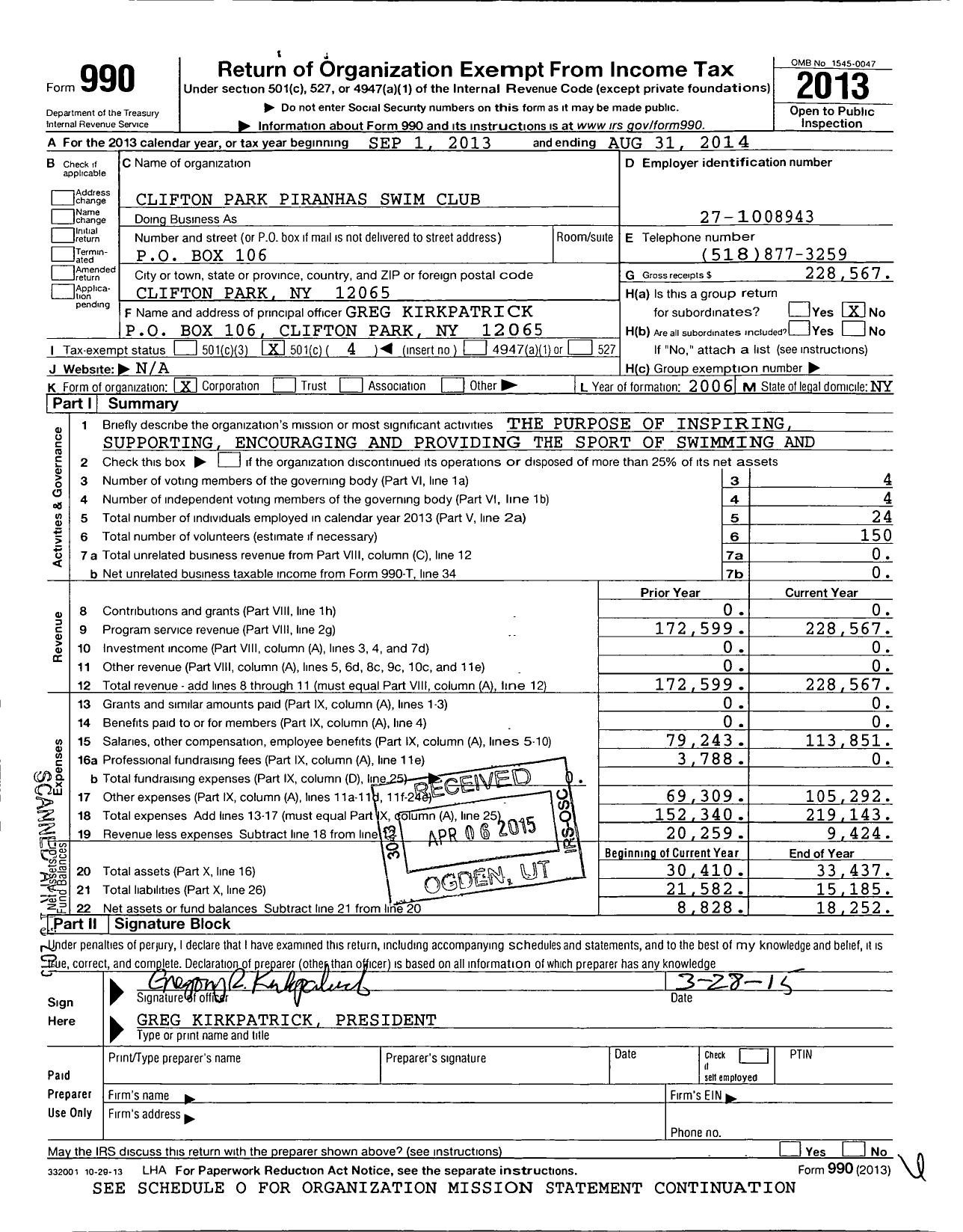 Image of first page of 2013 Form 990O for Clifton Park Piranhas Swim Club