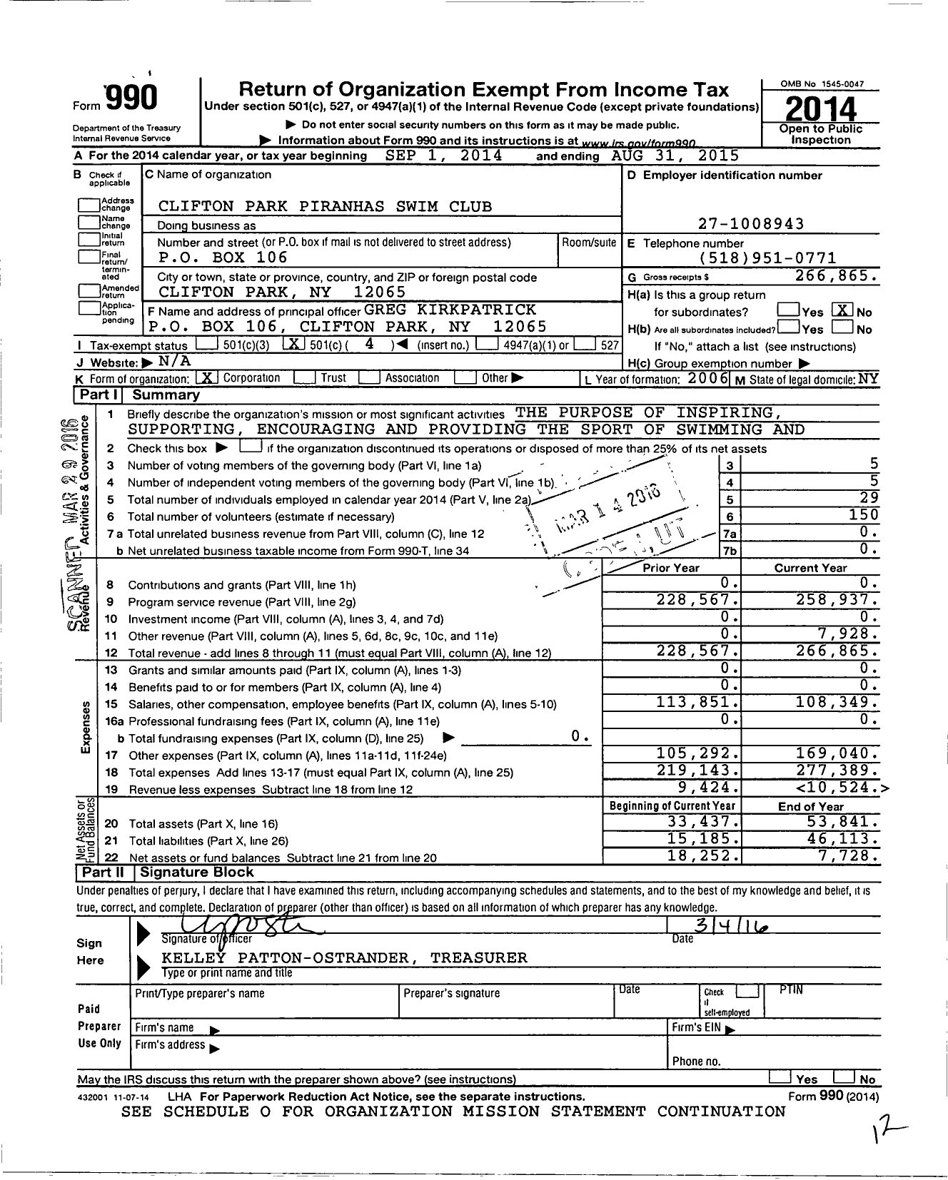 Image of first page of 2014 Form 990O for Clifton Park Piranhas Swim Club