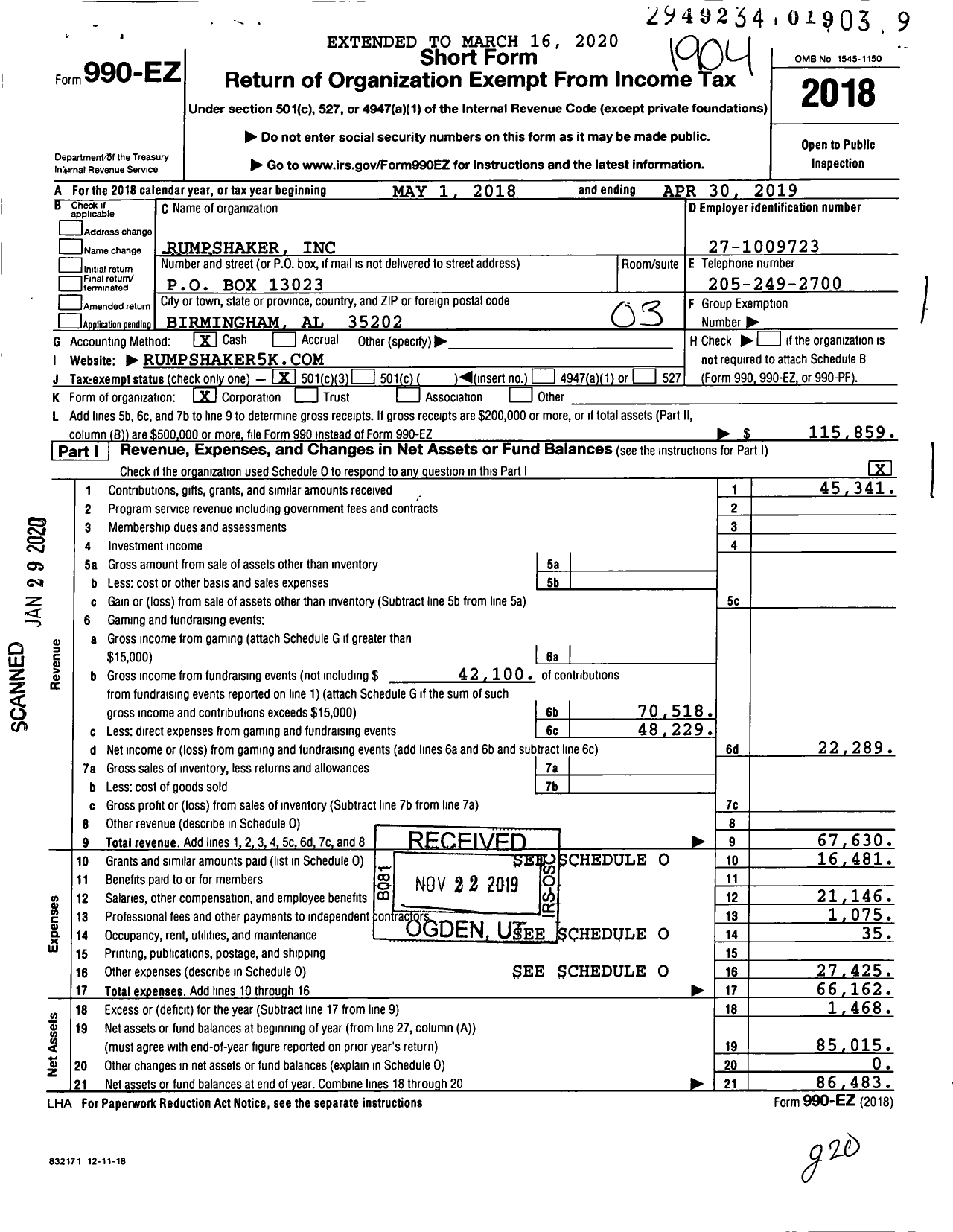 Image of first page of 2018 Form 990EZ for Rumpshaker