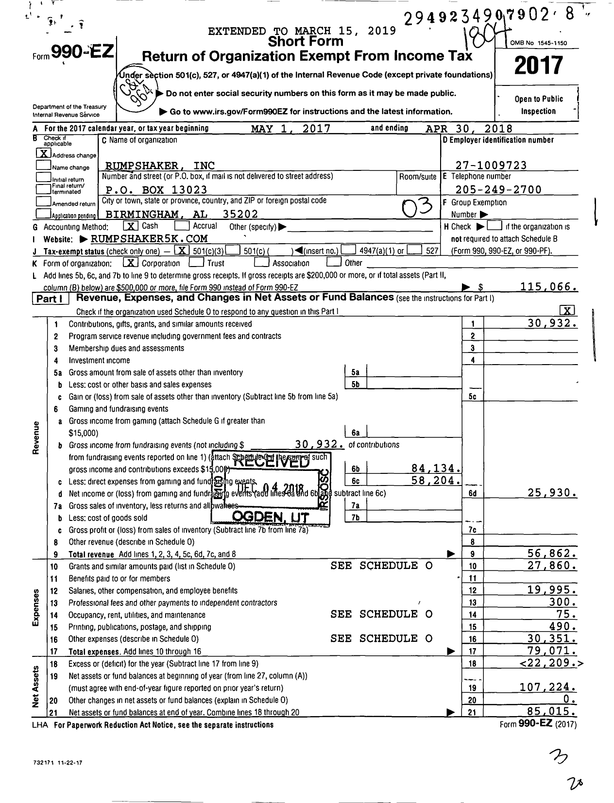 Image of first page of 2017 Form 990EZ for Rumpshaker