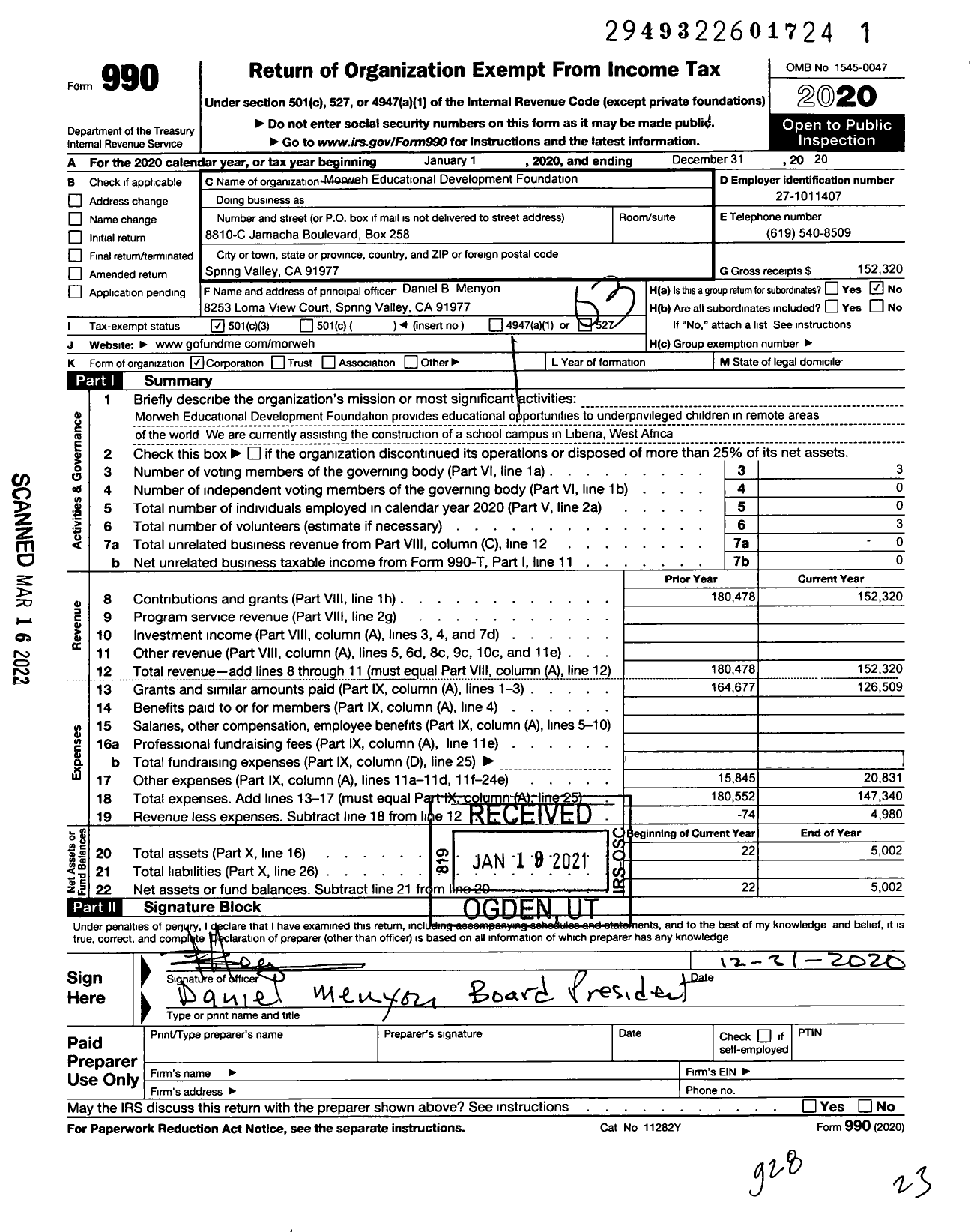 Image of first page of 2020 Form 990 for Morweh Educational Development Foundation