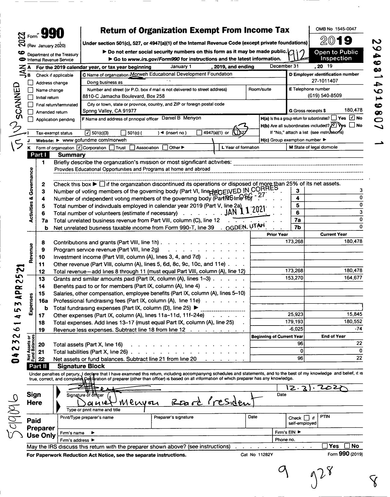 Image of first page of 2019 Form 990 for Morweh Educational Development Foundation