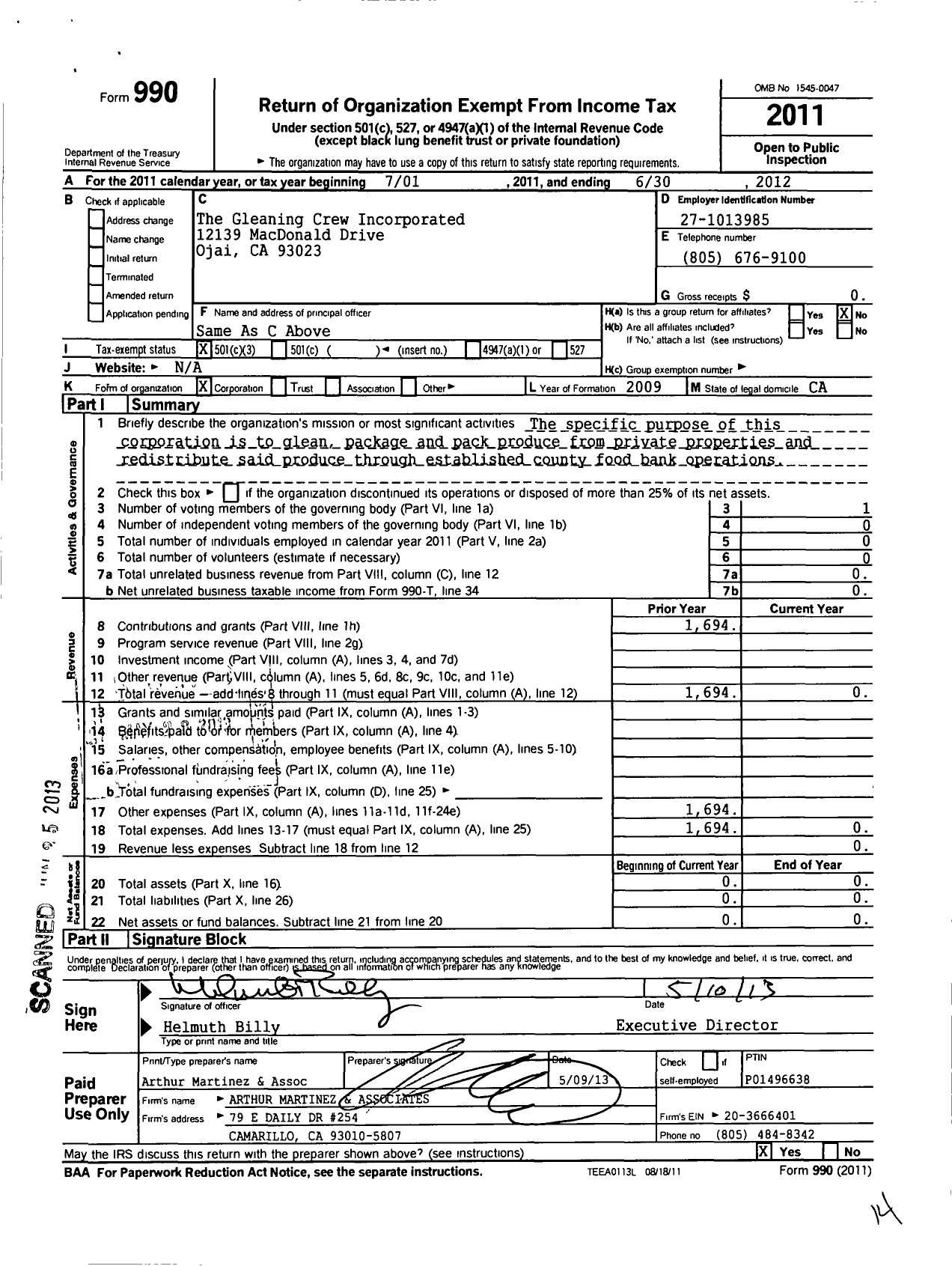 Image of first page of 2011 Form 990 for Gleaning Crew Incorporated