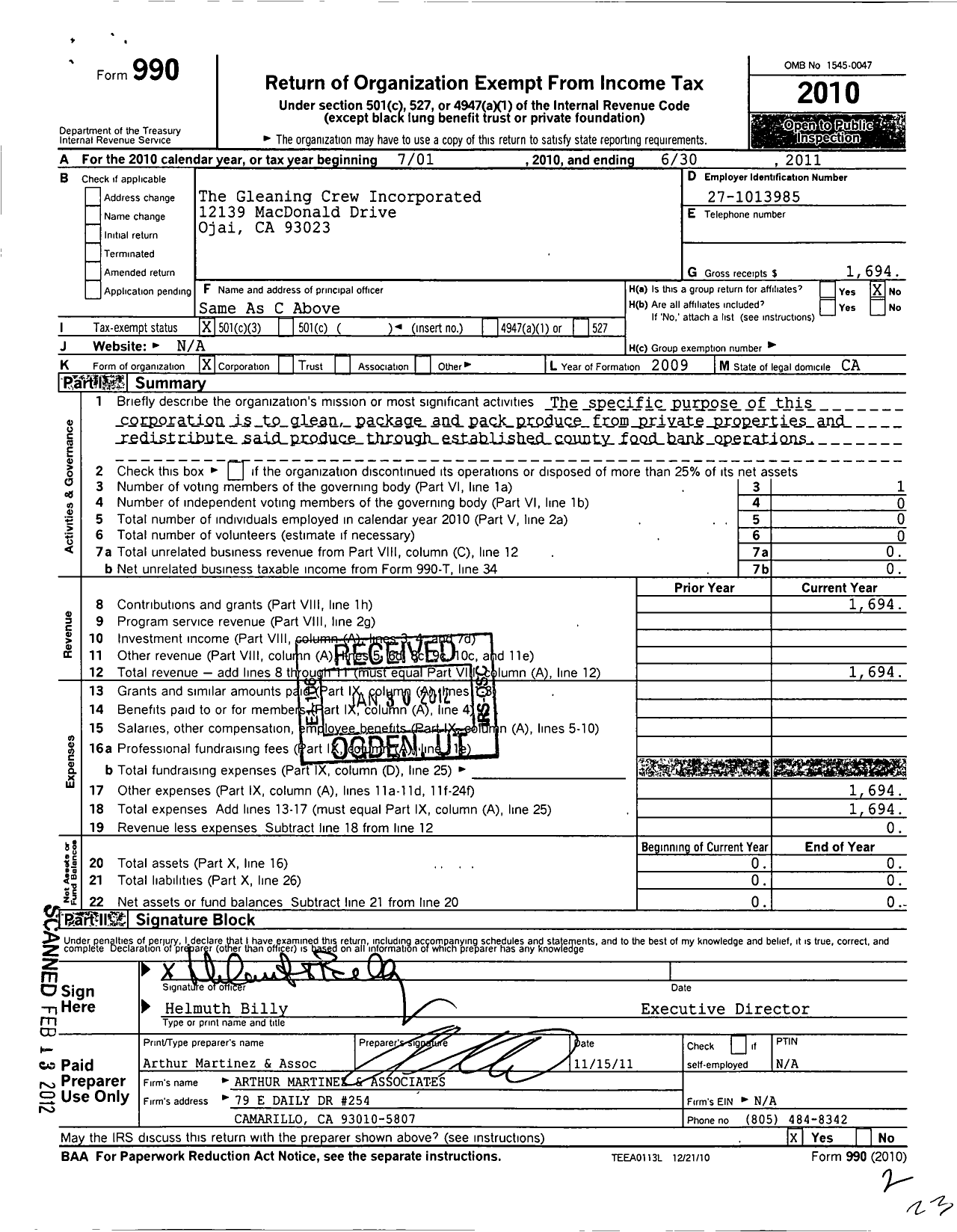 Image of first page of 2010 Form 990 for Gleaning Crew Incorporated