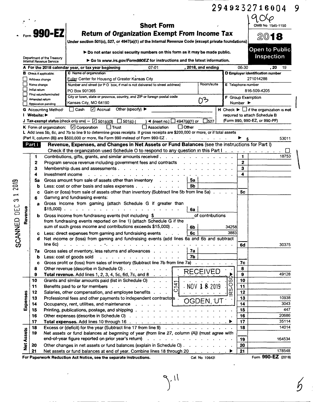 Image of first page of 2018 Form 990EZ for Fuller Center for Housing of Greater Kansas City