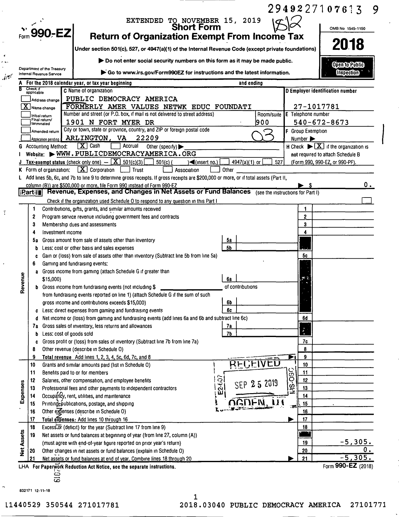 Image of first page of 2018 Form 990EZ for American Values Network Educational