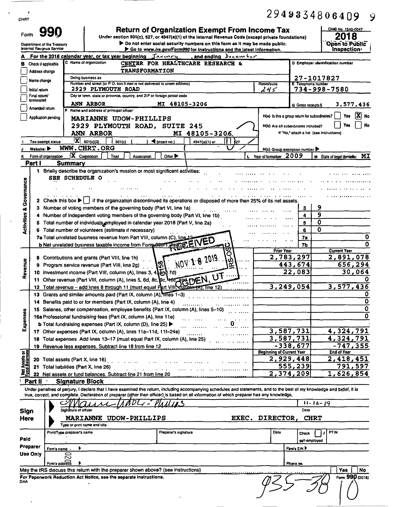 Image of first page of 2018 Form 990 for Center for Healthcare Research and Transformation