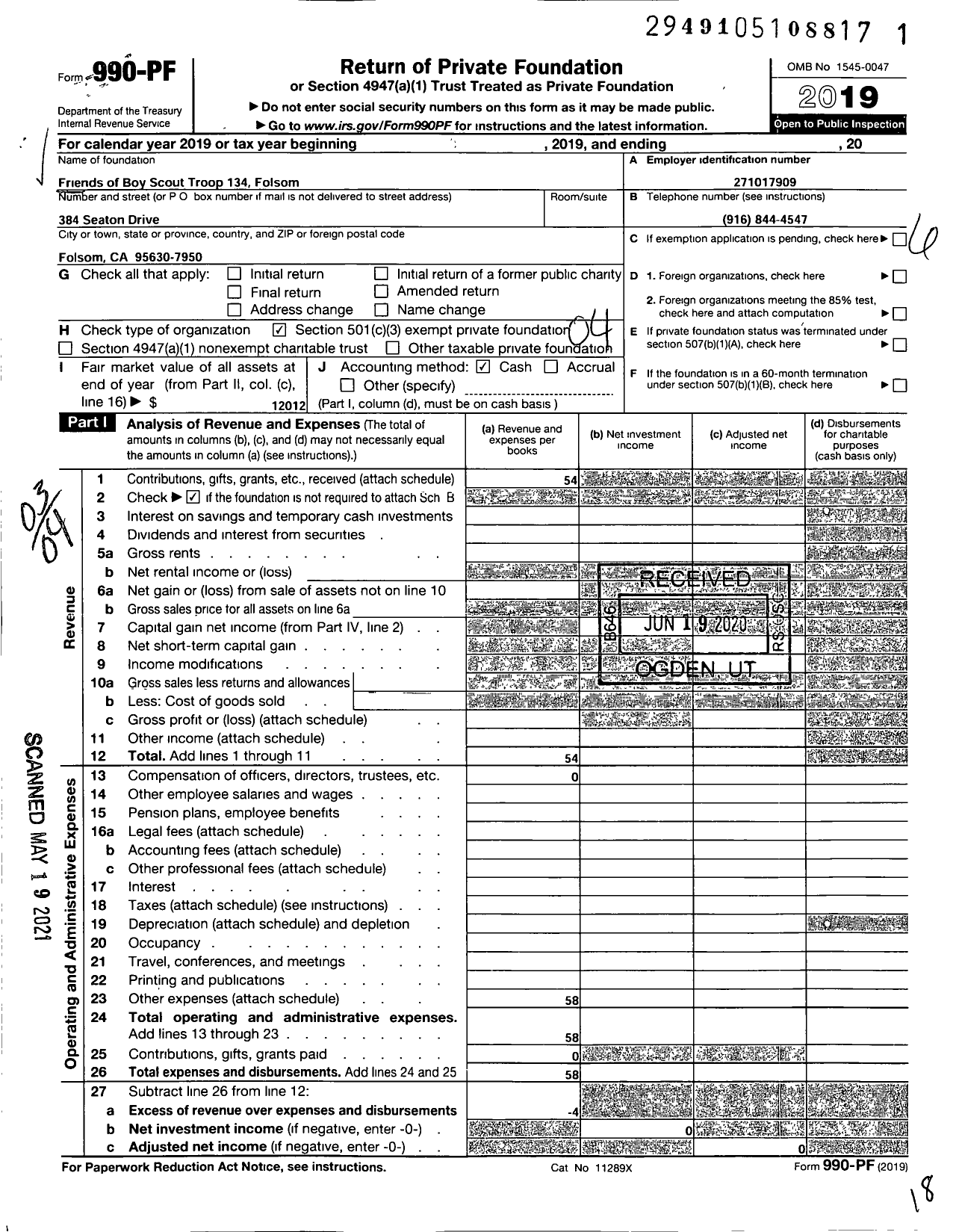 Image of first page of 2019 Form 990PF for Friends of Boy Scout Troop 134 Folsom