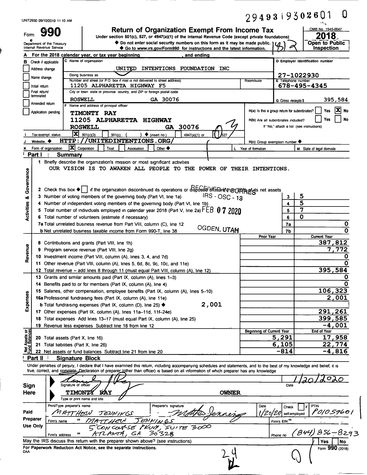 Image of first page of 2018 Form 990 for United Intentions Foundation