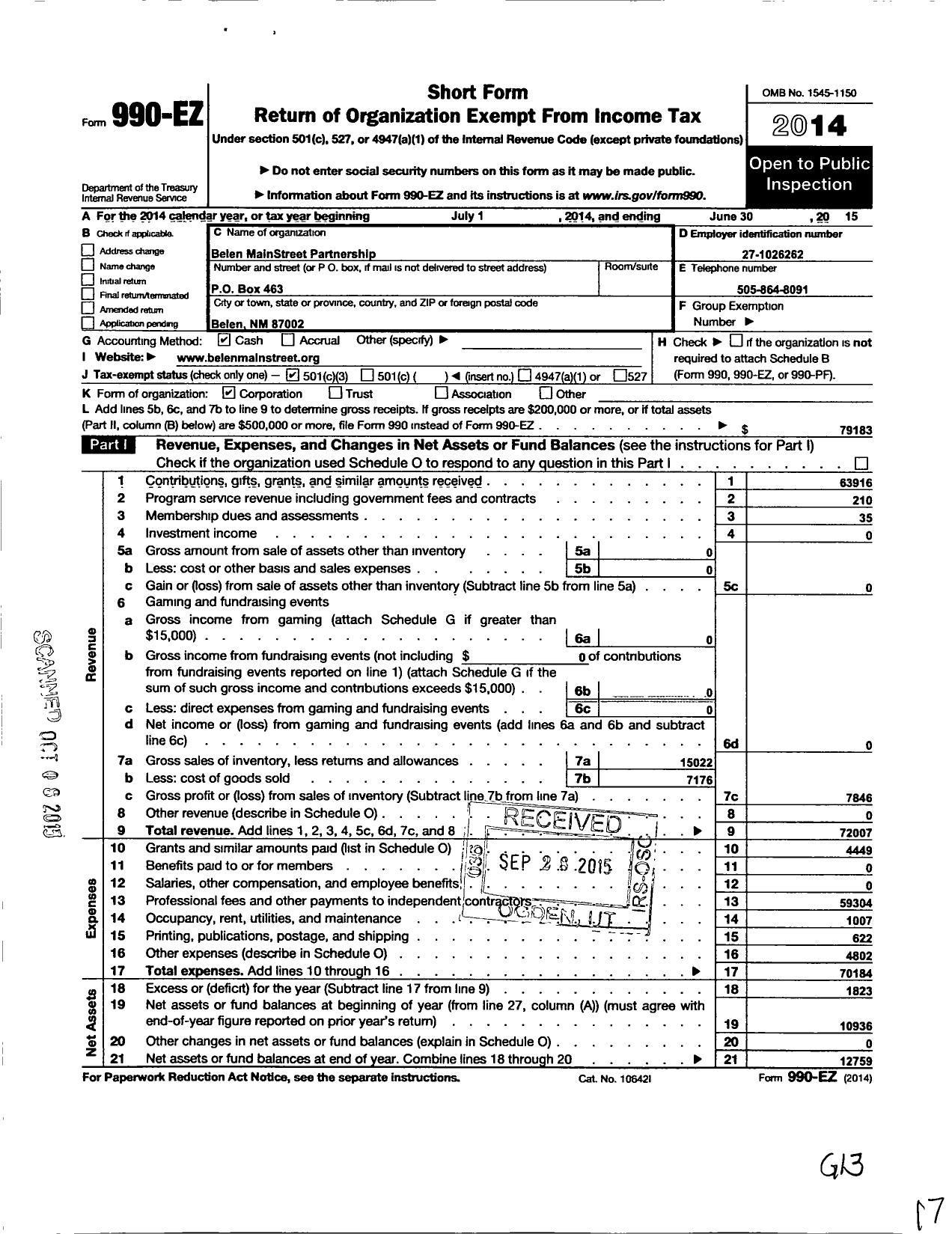 Image of first page of 2014 Form 990EZ for Belen Mainstreet Partnership