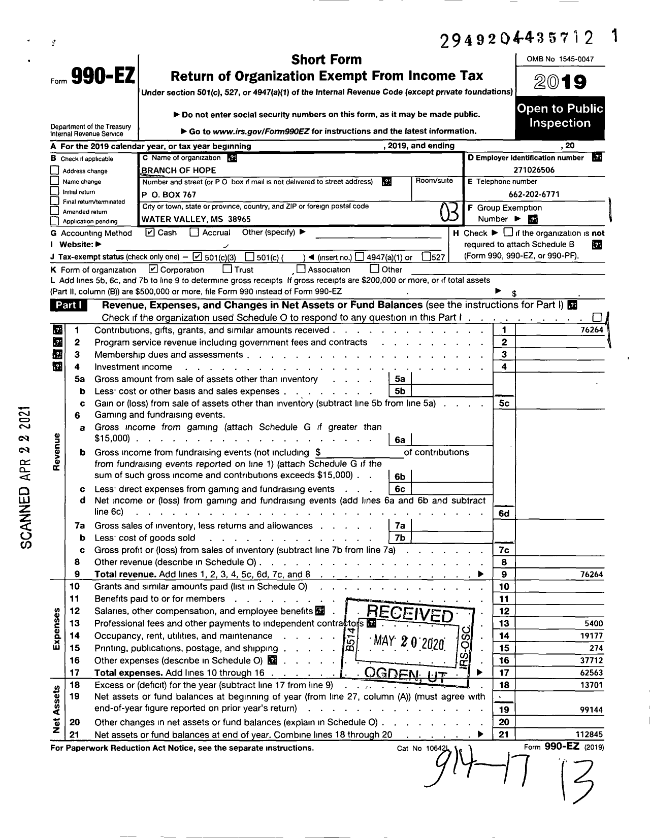 Image of first page of 2019 Form 990EZ for Branch of Hope