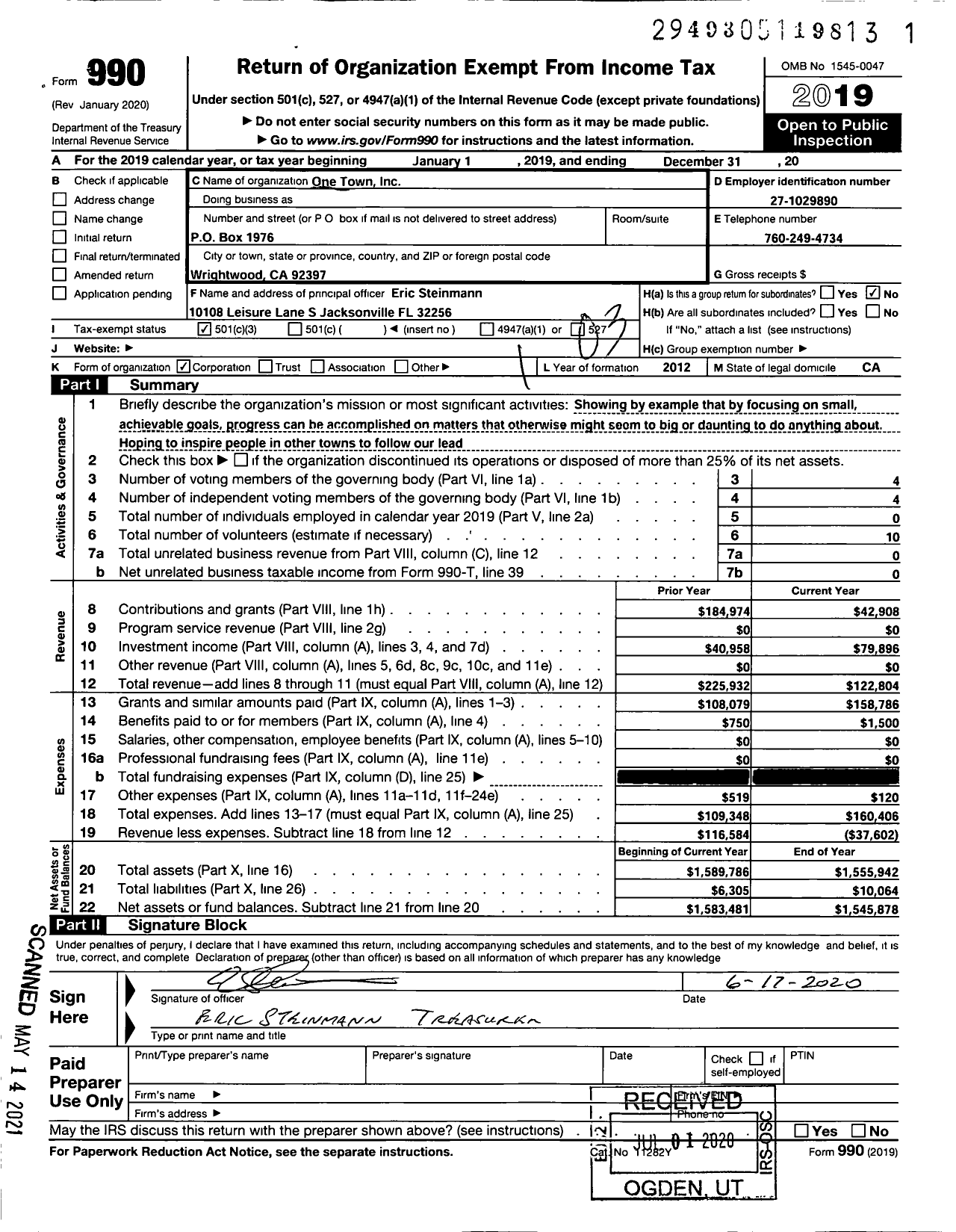 Image of first page of 2019 Form 990 for One Town