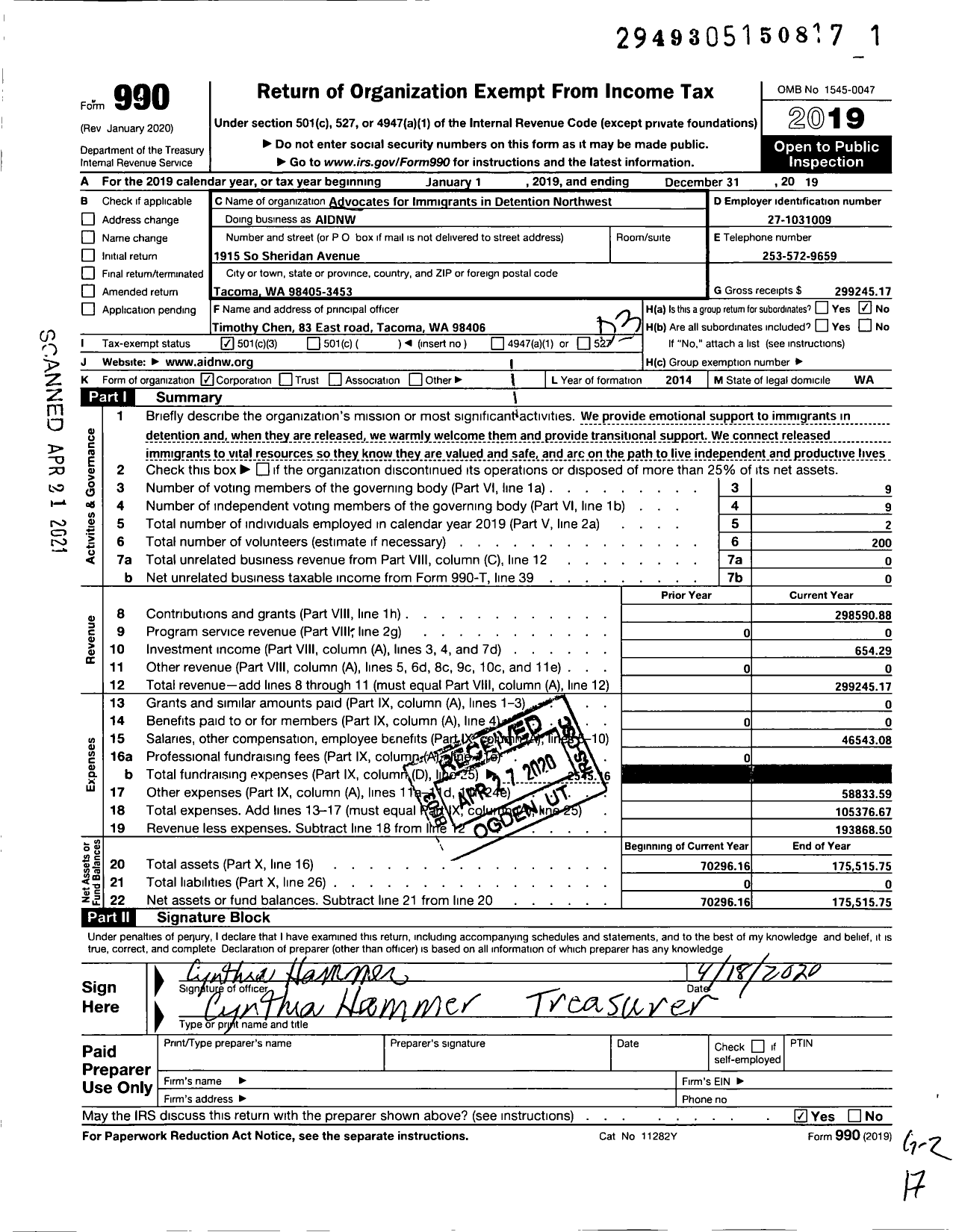 Image of first page of 2019 Form 990 for Advocates for Immigrants in Detention Northwest (AIDNW)