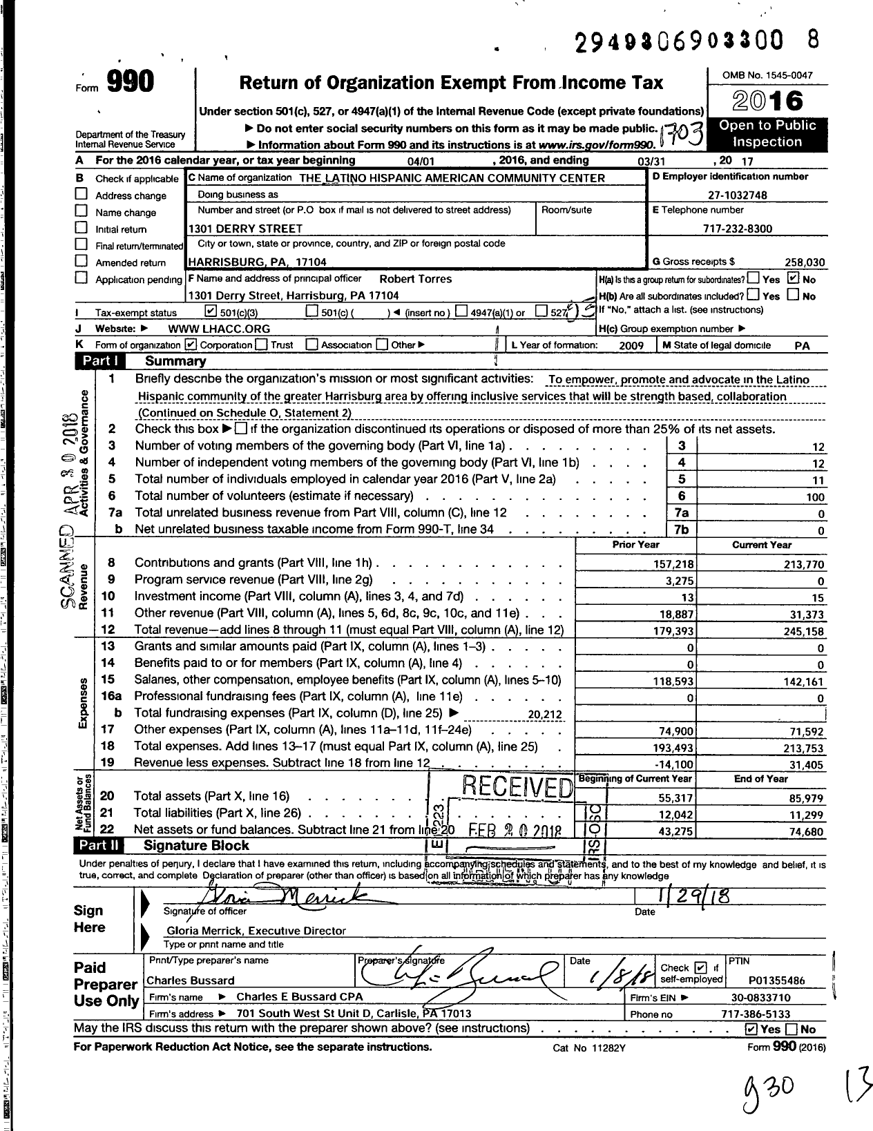 Image of first page of 2016 Form 990 for Latino Hispanic American Community Center