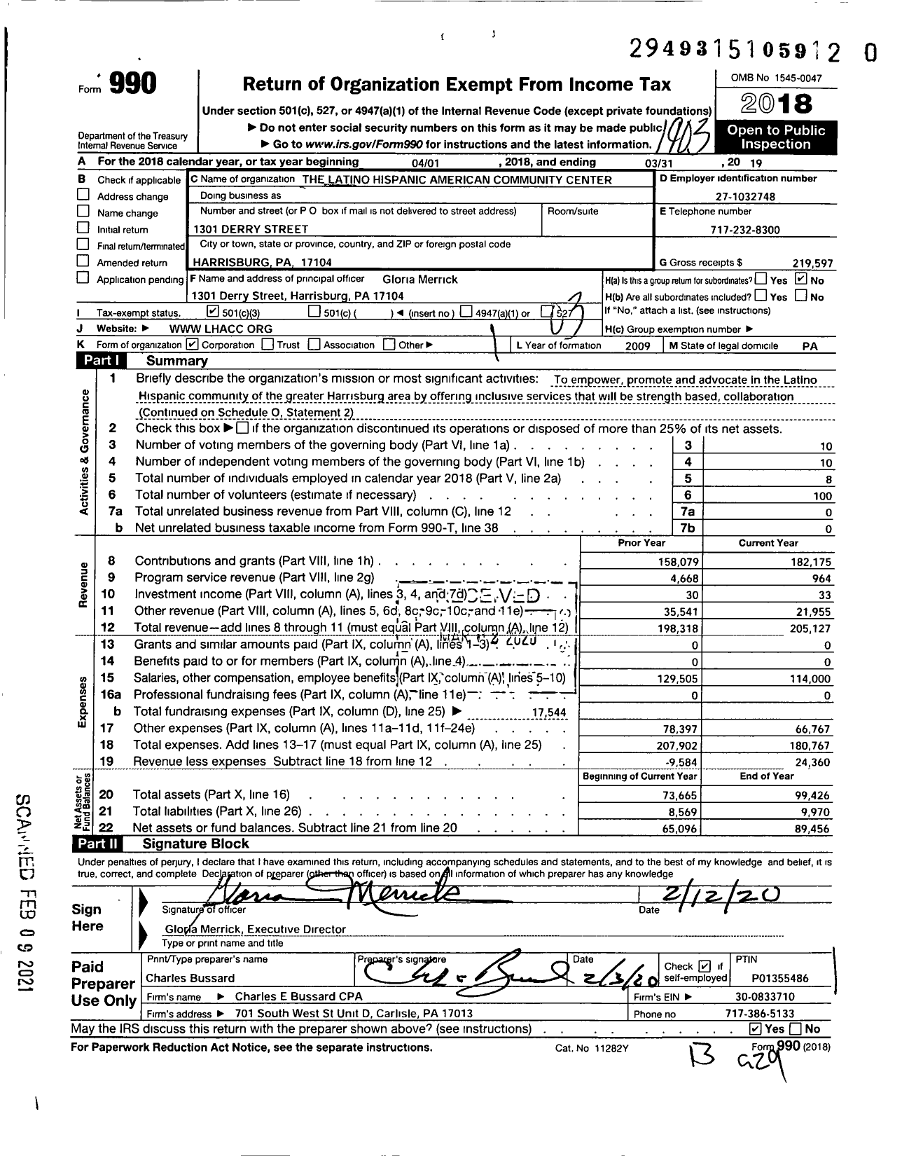 Image of first page of 2018 Form 990 for Latino Hispanic American Community Center