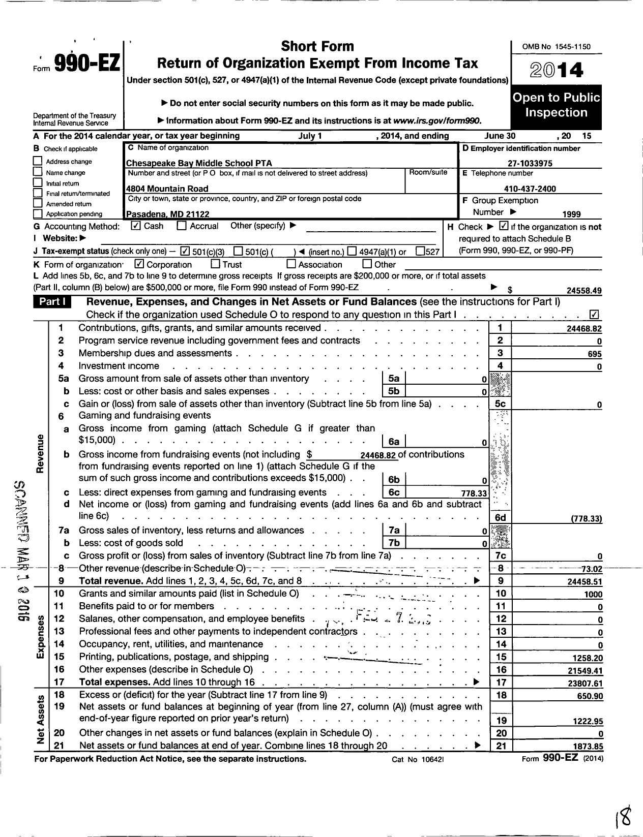 Image of first page of 2014 Form 990EZ for PTA Delaware Congress / Chesapeake Bay Middle School PTA