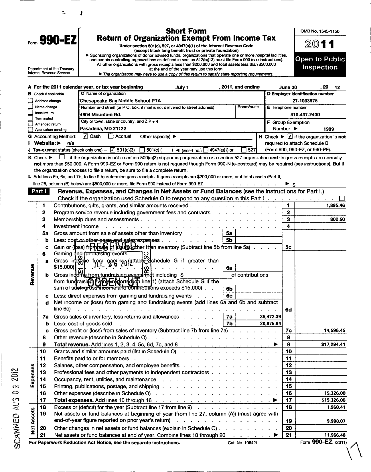 Image of first page of 2011 Form 990EZ for PTA Delaware Congress / Chesapeake Bay Middle School PTA