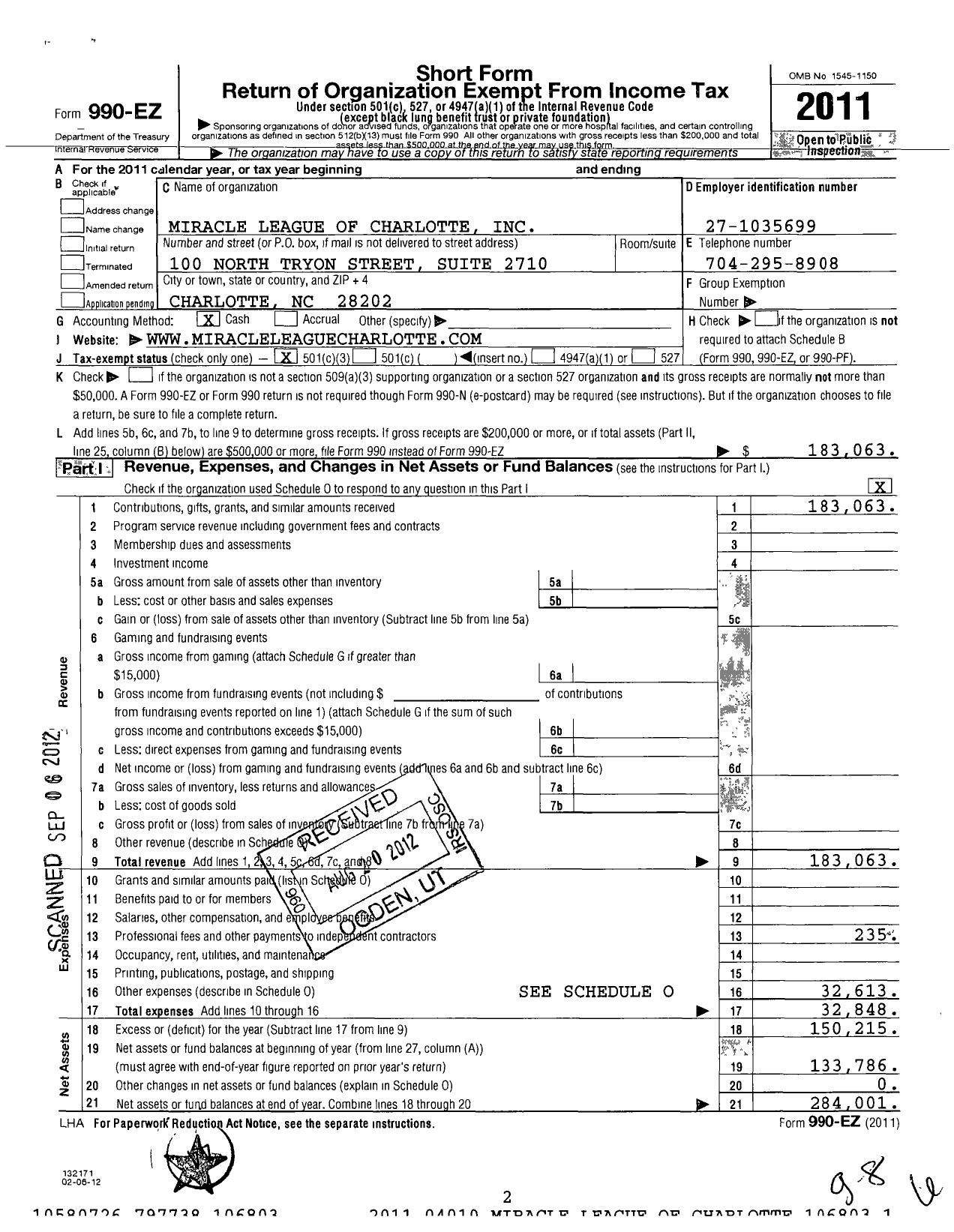 Image of first page of 2011 Form 990EZ for Miracle Group