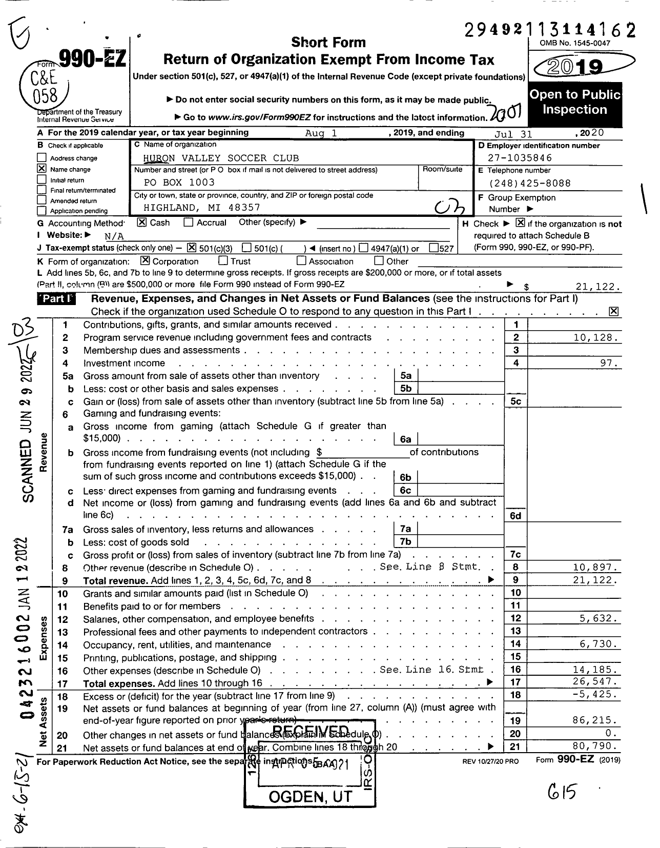 Image of first page of 2019 Form 990EZ for Huron Valley Soccer Club