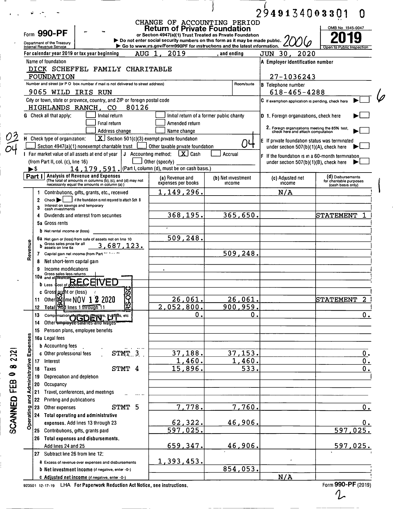 Image of first page of 2019 Form 990PF for Dick Scheffel Family Charitable Foundation