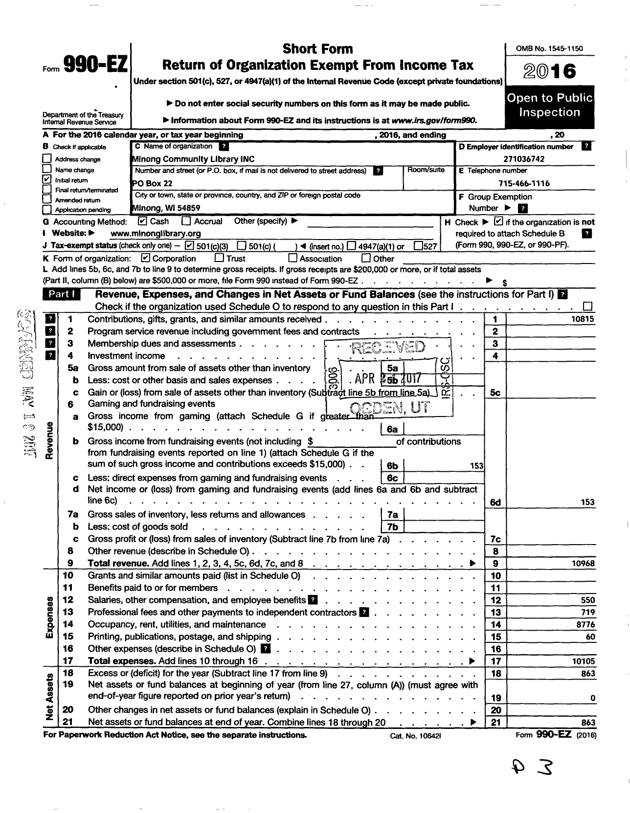 Image of first page of 2016 Form 990EZ for Minong Community Library