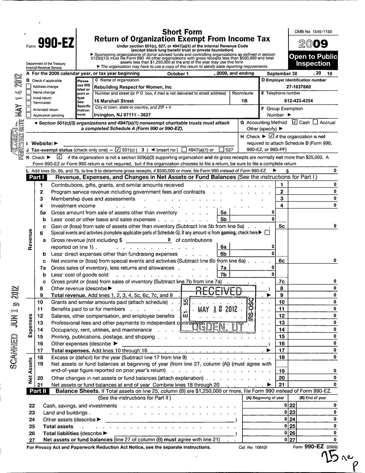 Image of first page of 2009 Form 990EZ for Rebuilding Respect for Women (RRFW)