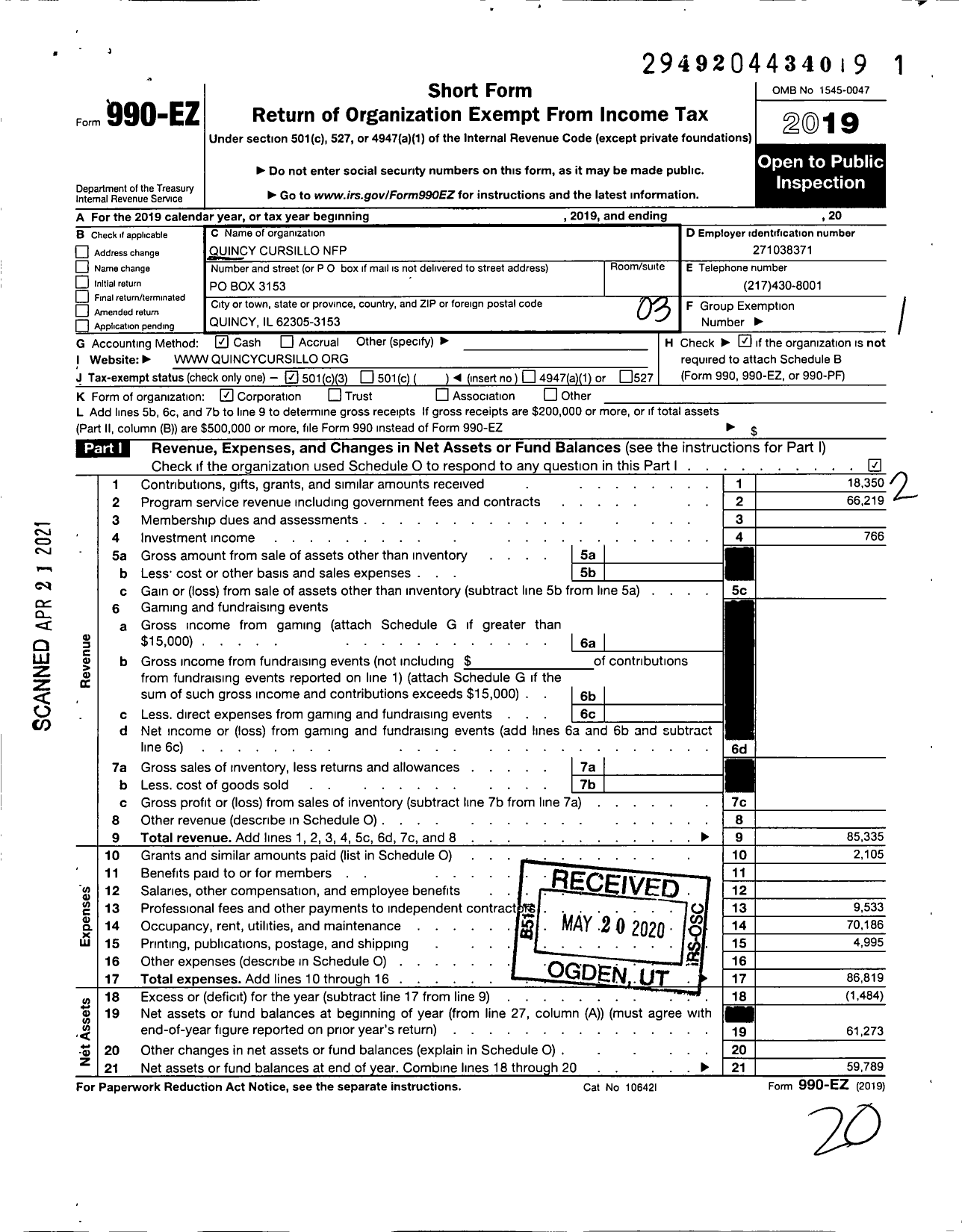 Image of first page of 2019 Form 990EZ for Quincy Cursillo NFP