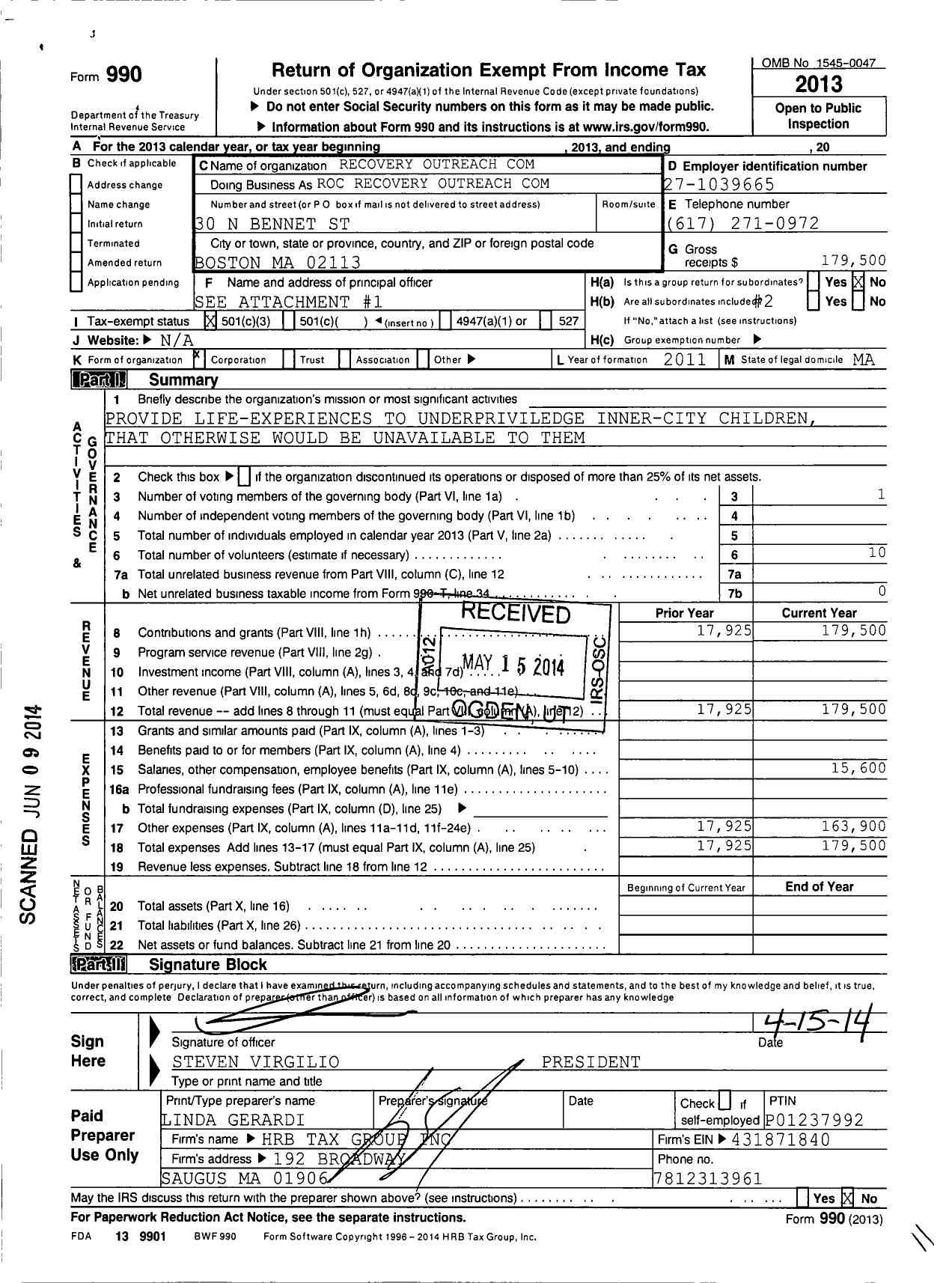 Image of first page of 2013 Form 990 for Recovery Outreach Com