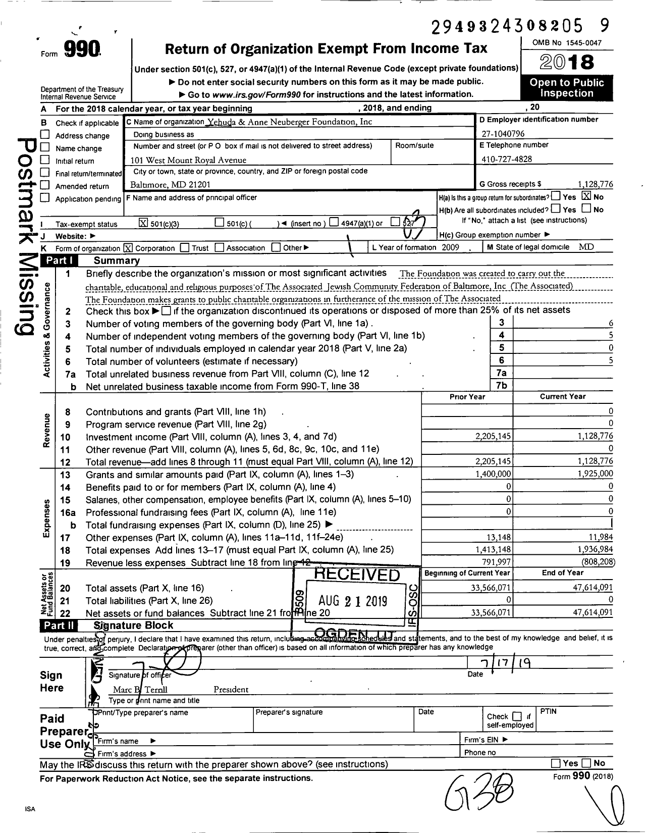 Image of first page of 2018 Form 990 for Neuberger Family Foundation
