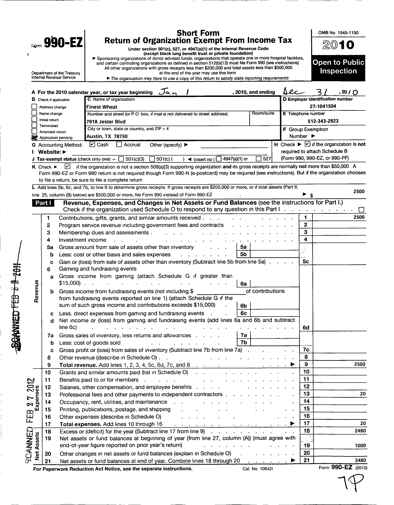 Image of first page of 2010 Form 990EO for Finest Wheat