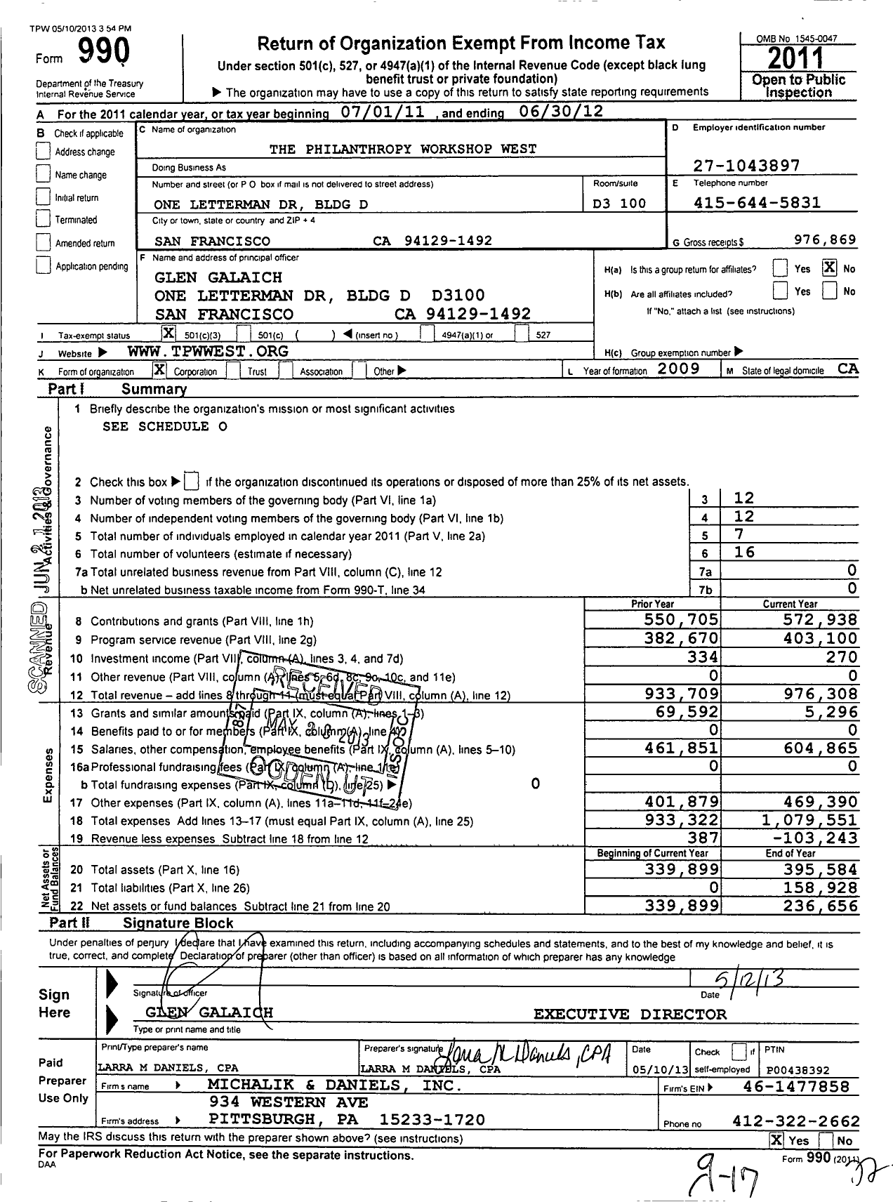 Image of first page of 2011 Form 990 for The Philanthropy Workshop (TPW)