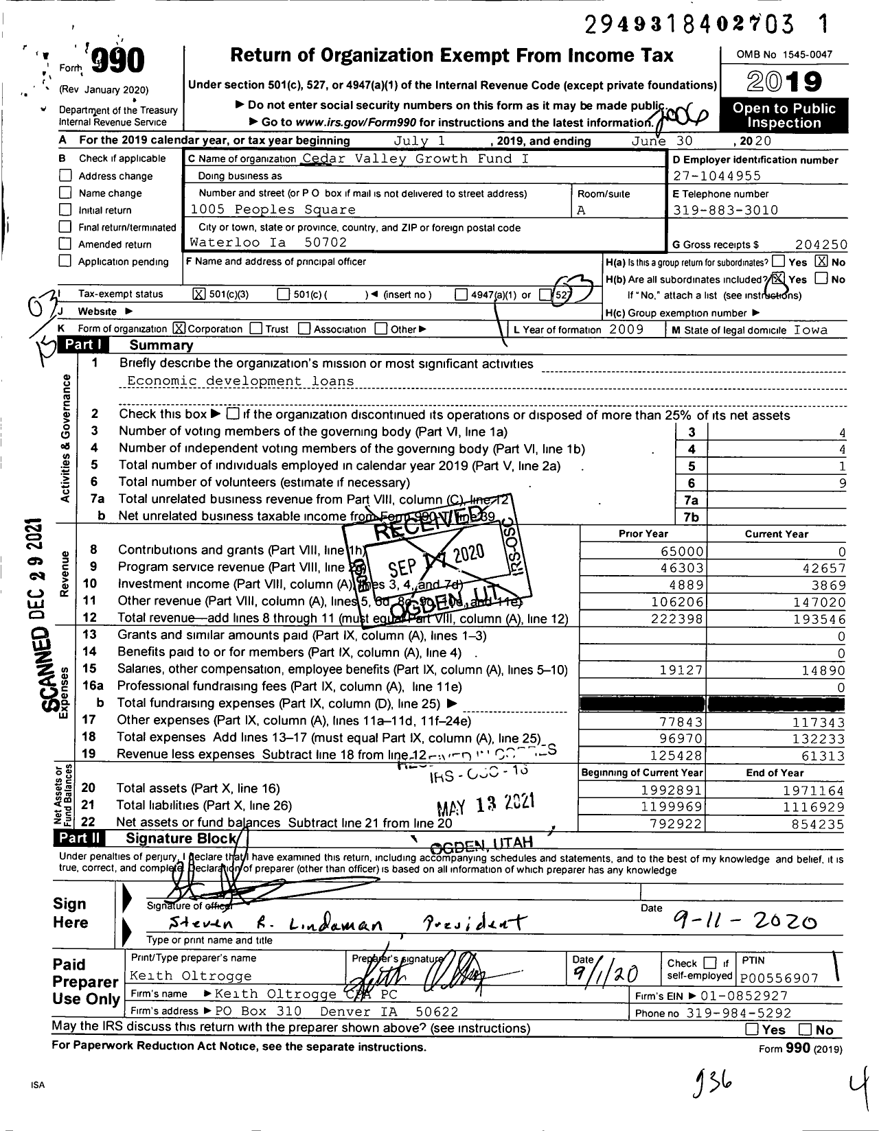 Image of first page of 2019 Form 990 for Cedar Valley Growth Fund I