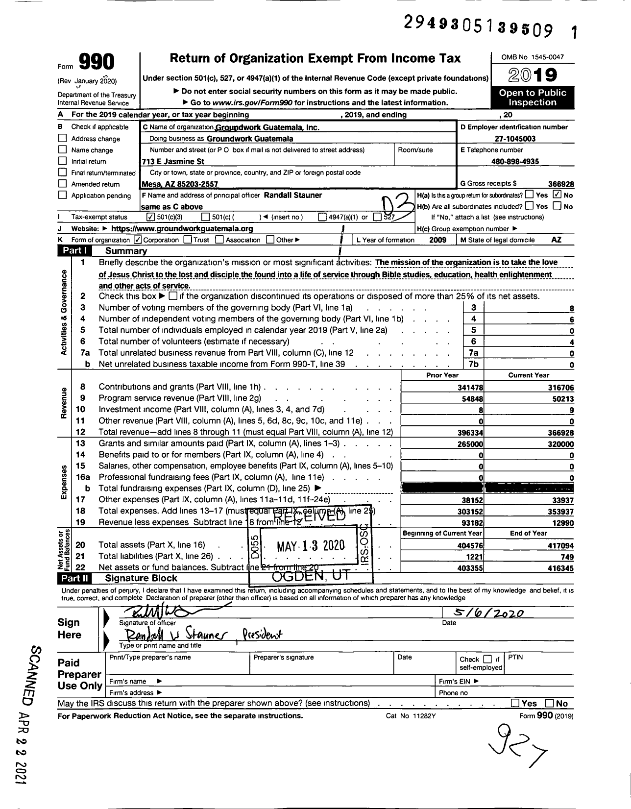 Image of first page of 2019 Form 990 for Groundwork Guatemala