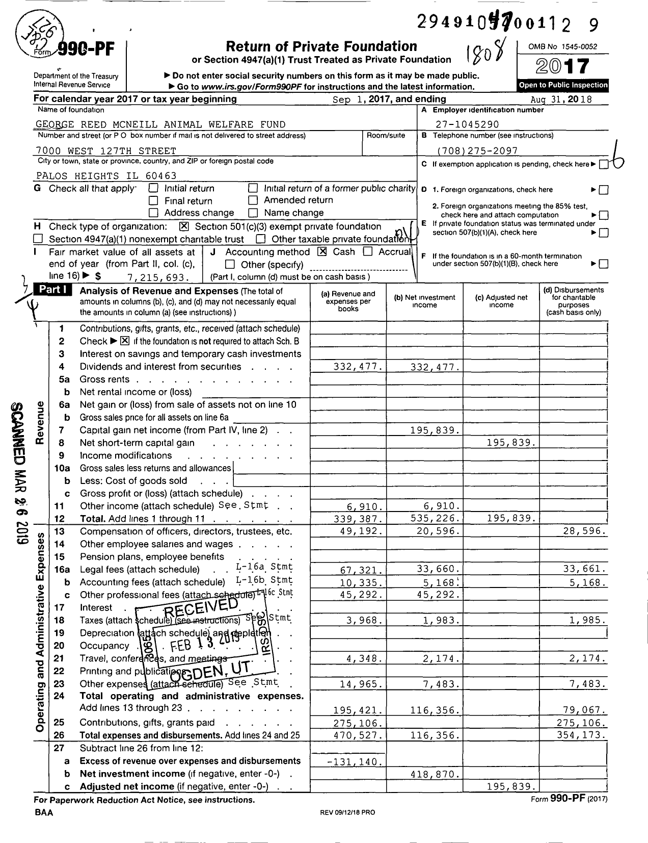 Image of first page of 2017 Form 990PF for George Reed Mcneill Animal Welfare Fund