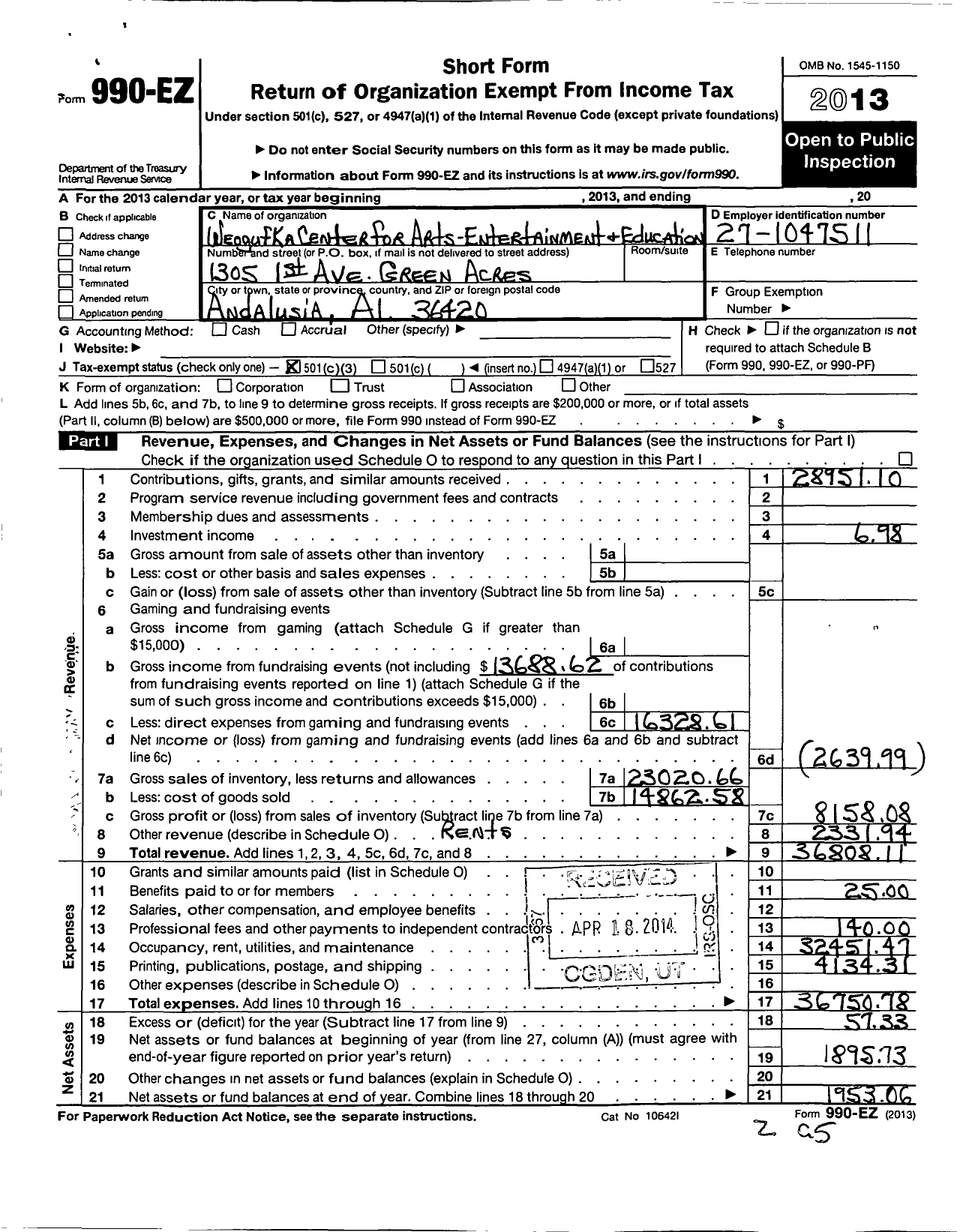 Image of first page of 2013 Form 990EZ for Weogufka Center for Arts Entertainment and Education