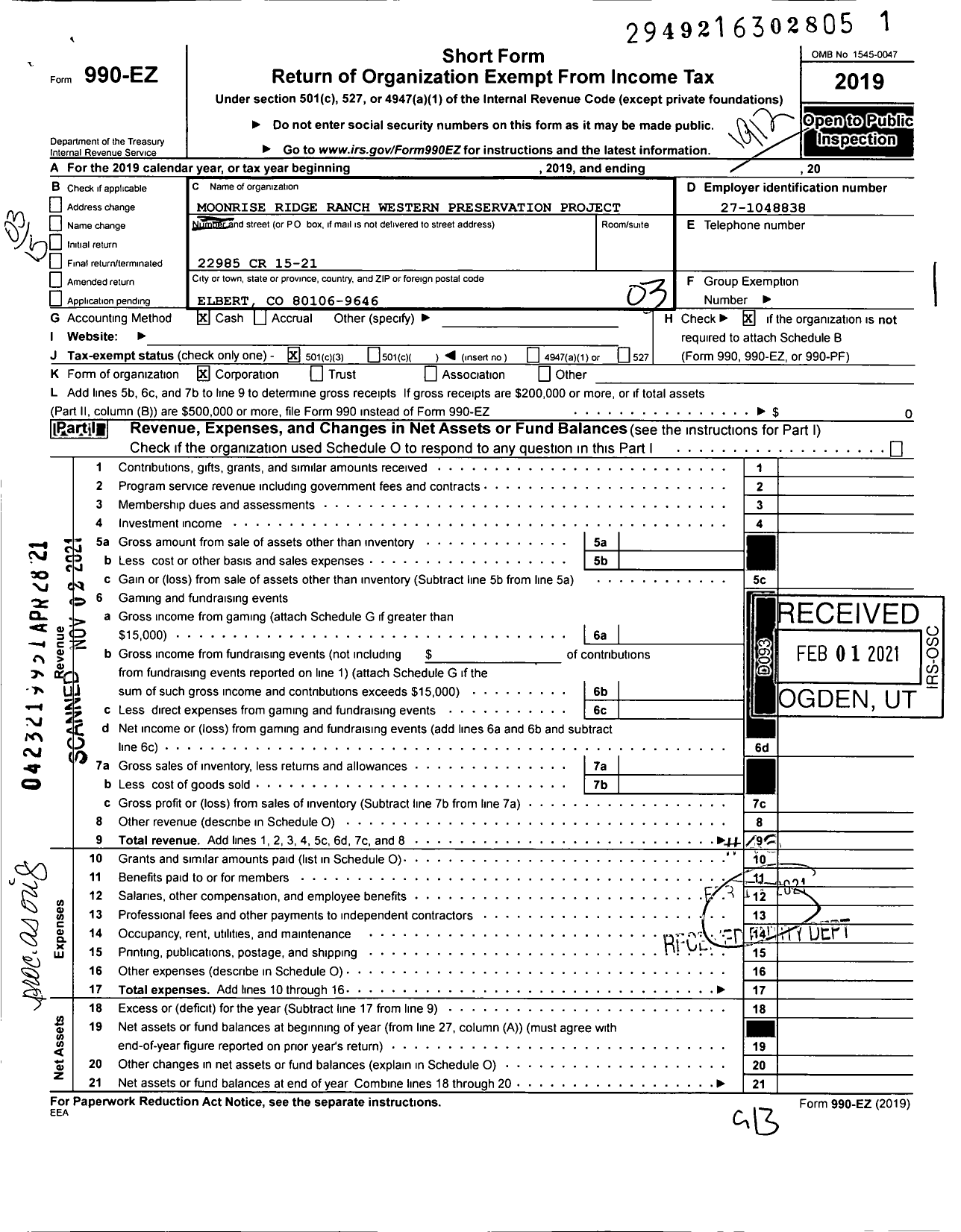 Image of first page of 2019 Form 990EZ for Moonrise Ridge Ranch Western Preservation Project