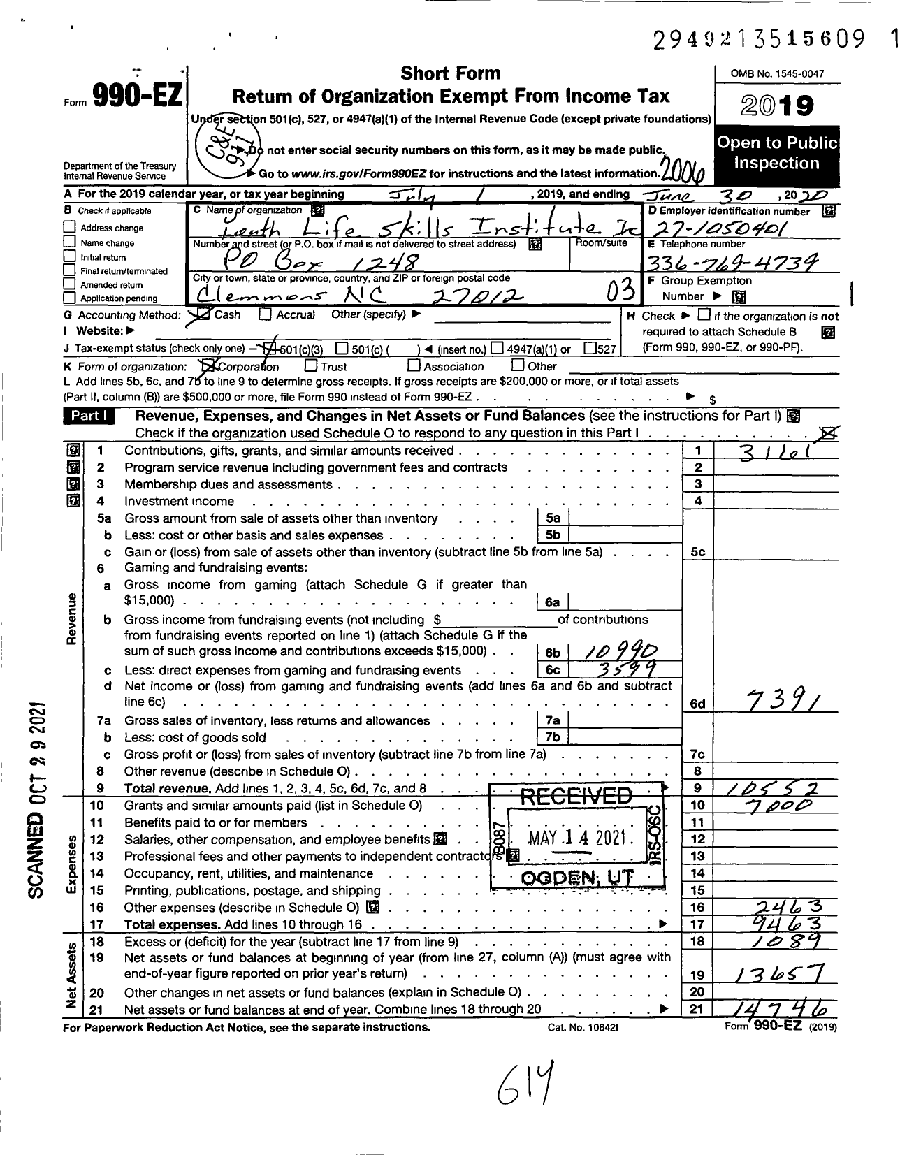 Image of first page of 2019 Form 990EZ for Youth Life Skills Institute